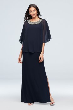 Jersey A-Line Capelet Dress with Beaded Neck 2328D