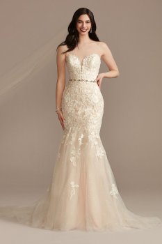 Lace Applique Mermaid Petite Wedding Dress Oleg Cassini 7CWG912