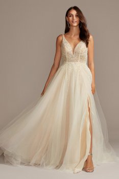 Petite Size 7SWG837 Style Beaded Plunging-V Illusion Bridal Dress