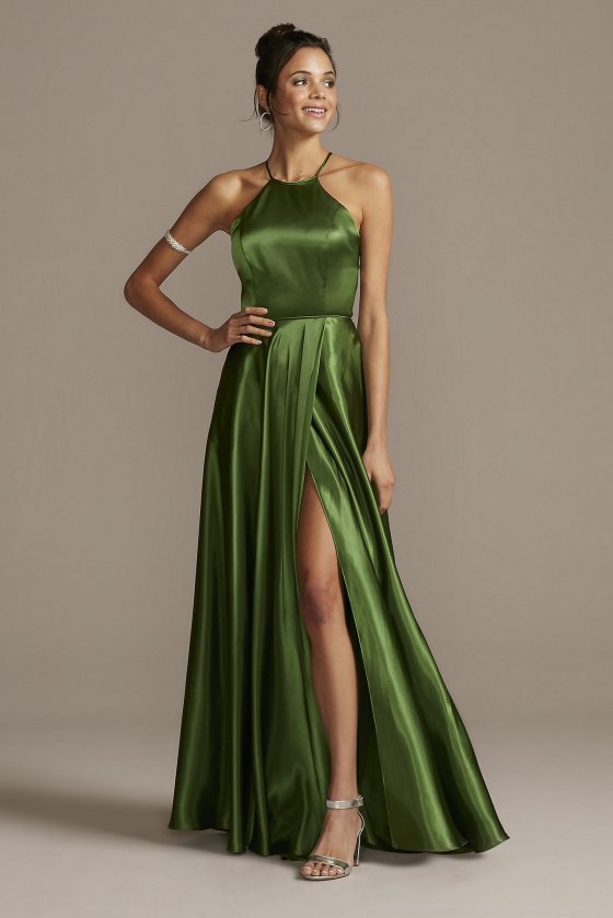 High Halter Neck Long A-line Satin Slit Gown with Pockets 1160BN [R1160BN]