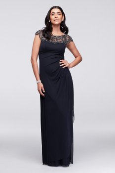 Long Cap Sleeve Party Dress With Beaded Neckline XS7761
