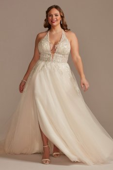 Beaded Applique Plunge Plus Size Wedding Dress Galina Signature 9SWG914
