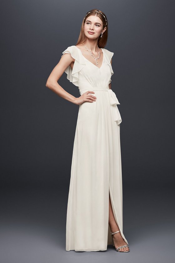 Flutter Sleeve Pleated Chiffon Sheath Gown DS870018