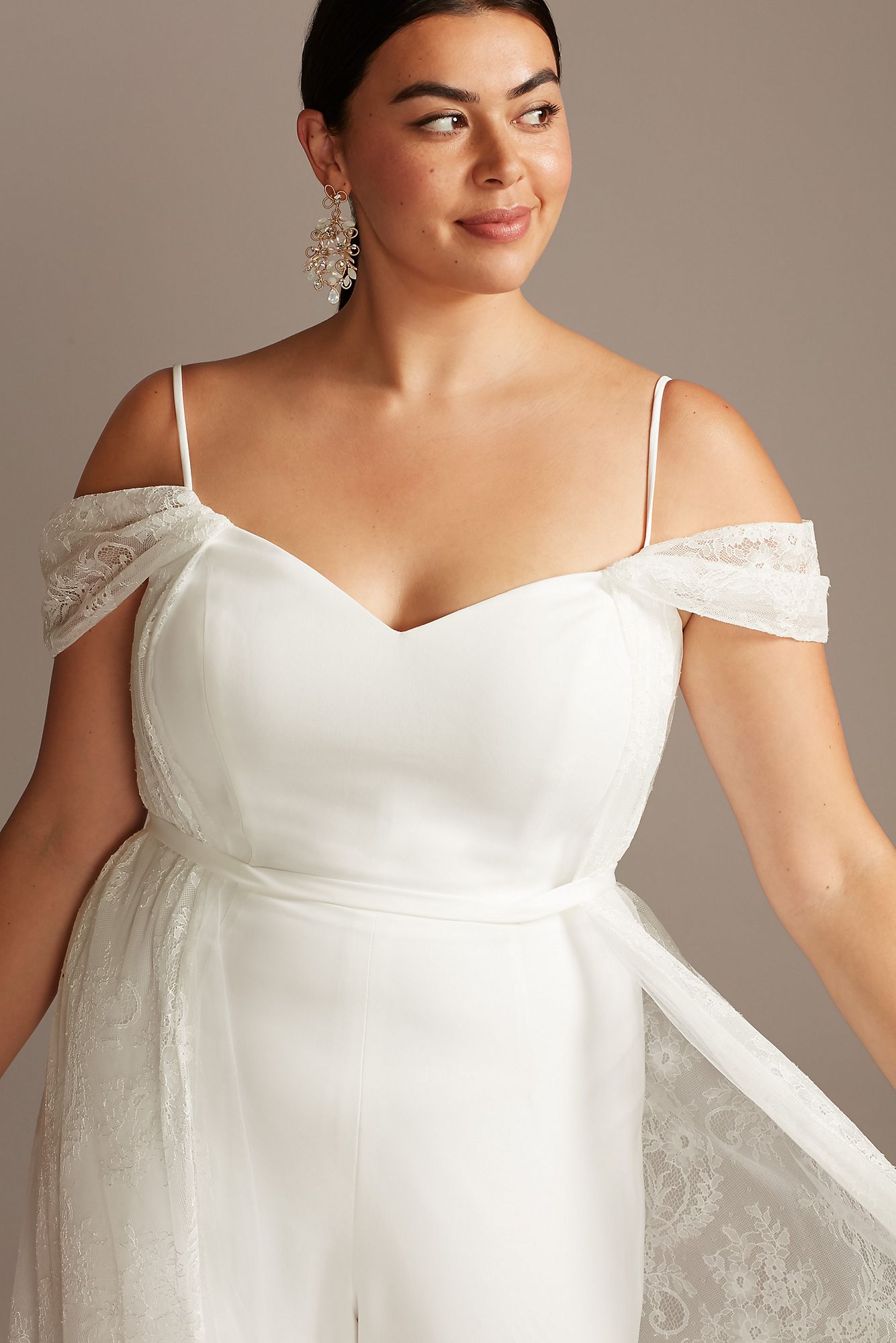 Fashion Plus Size Off-Shoulder Bridal Wedding Jumpsuit 8MS251212 with OverskirtTrain