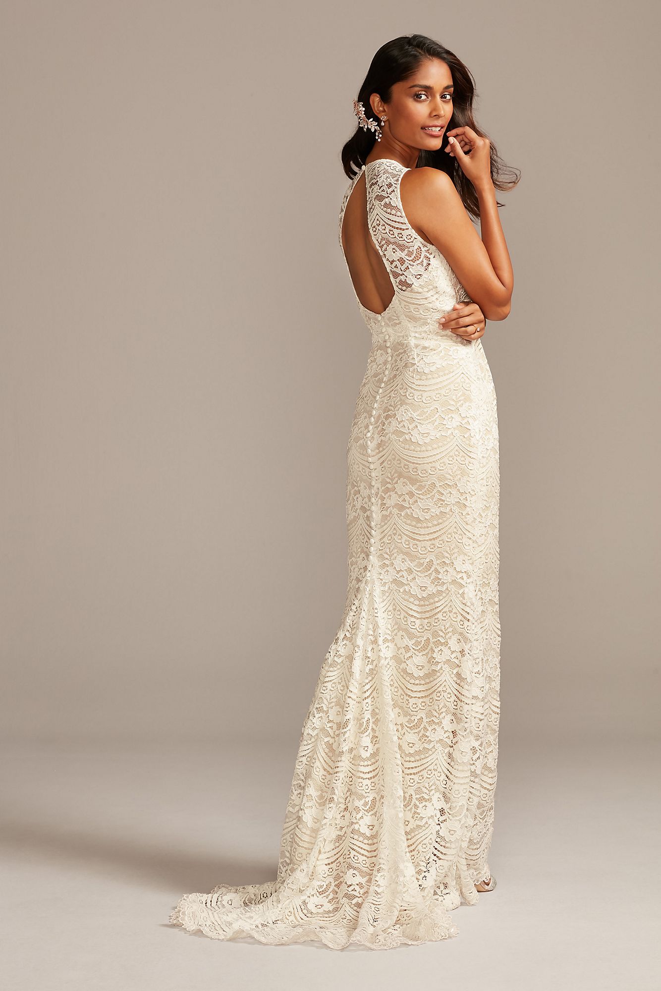 Sleeveless Long Fit and Flare Allover Chantily Lace Wedding Gown Style MS251214