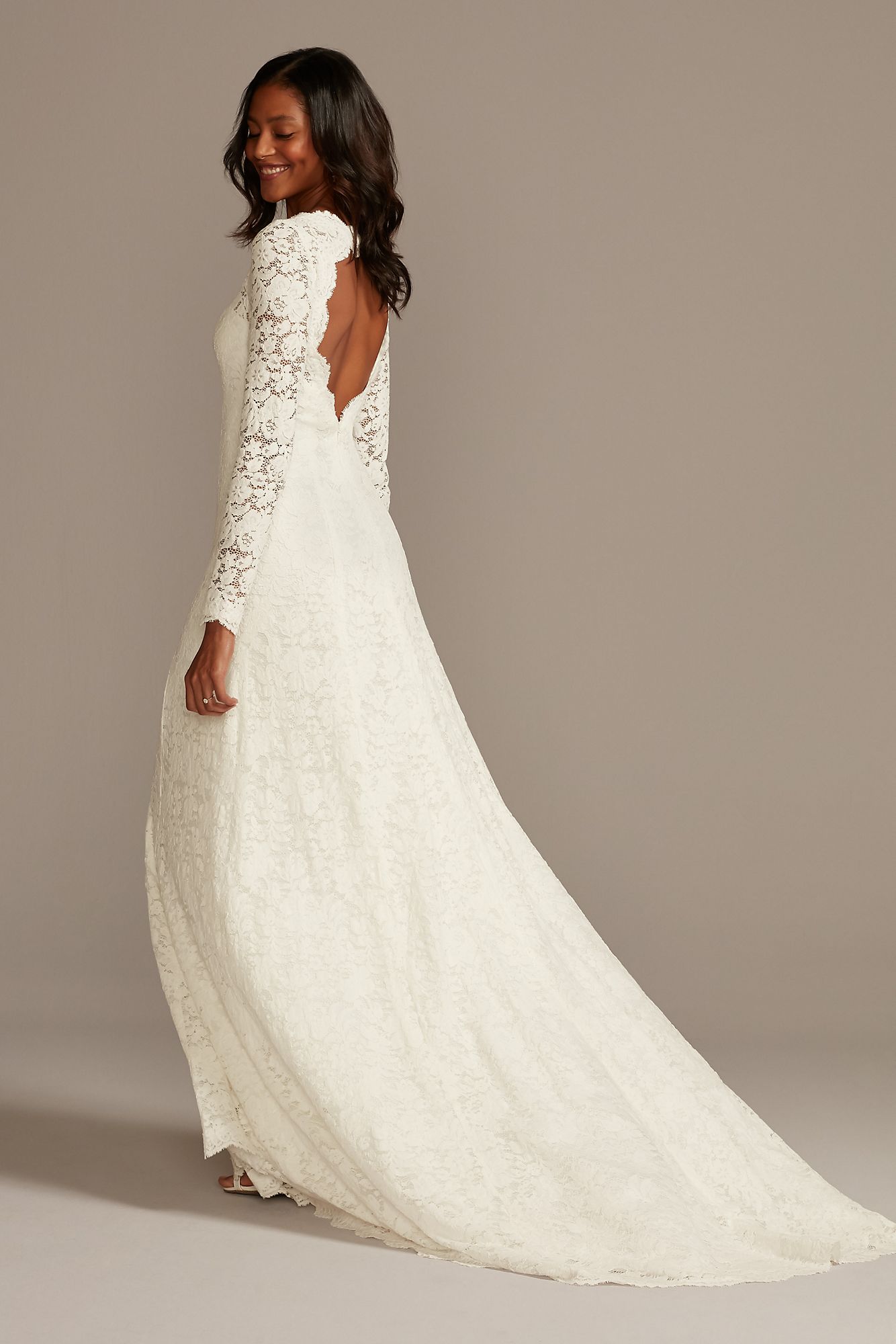 Sexy Open Back Long Sleeves Scalloped  Lace Wedding Gown Style WG3987