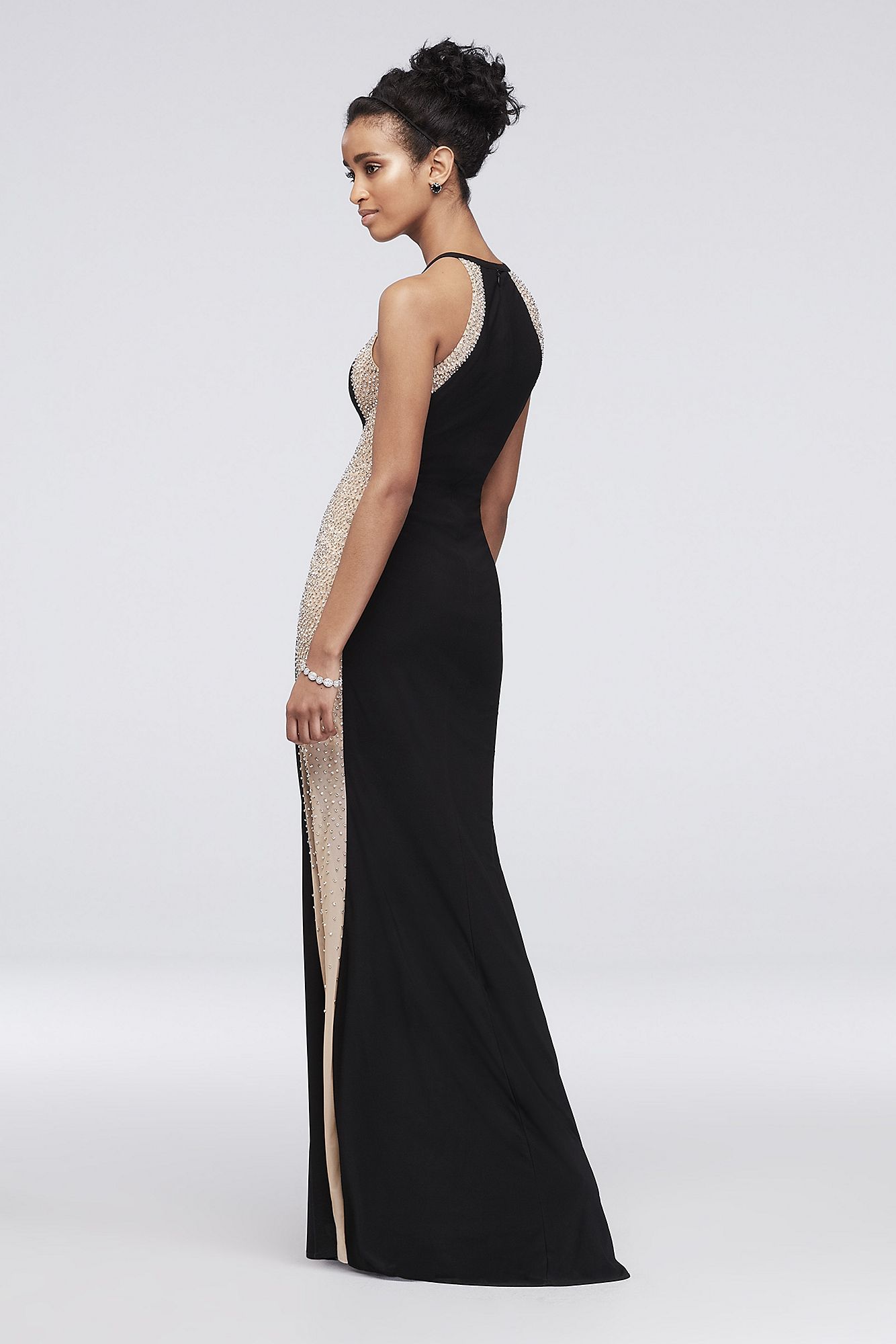 Elegant 1088X Style Sequin Illusion Panels Emebllished Long Sheath Dress with Halter Neck