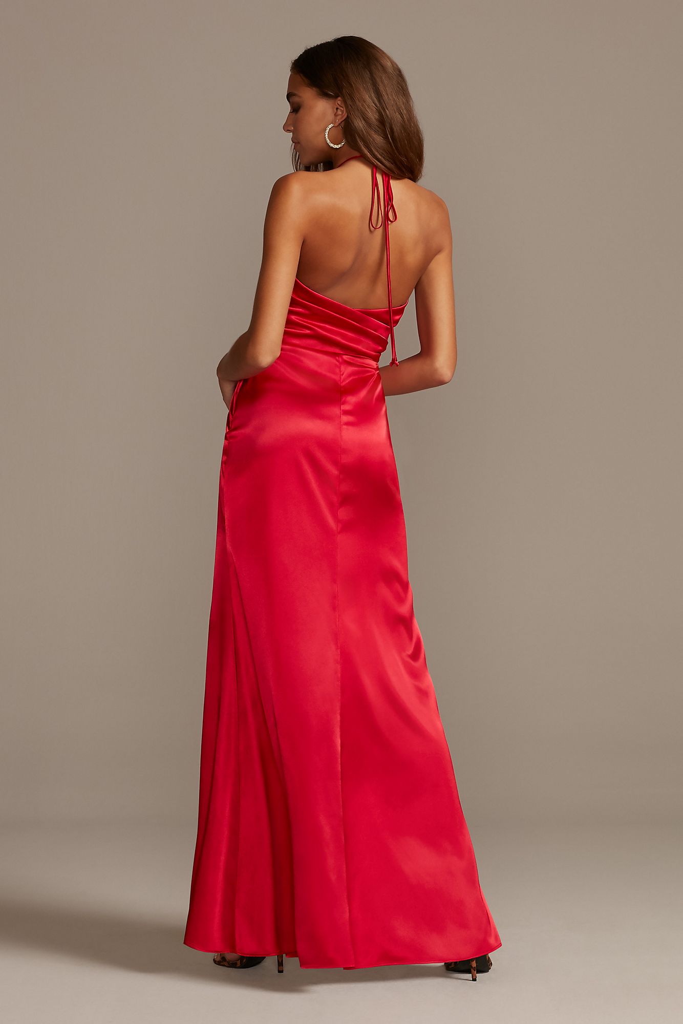 Wrap Halter Long Satin Dress with Skirt Slit Style 12765D