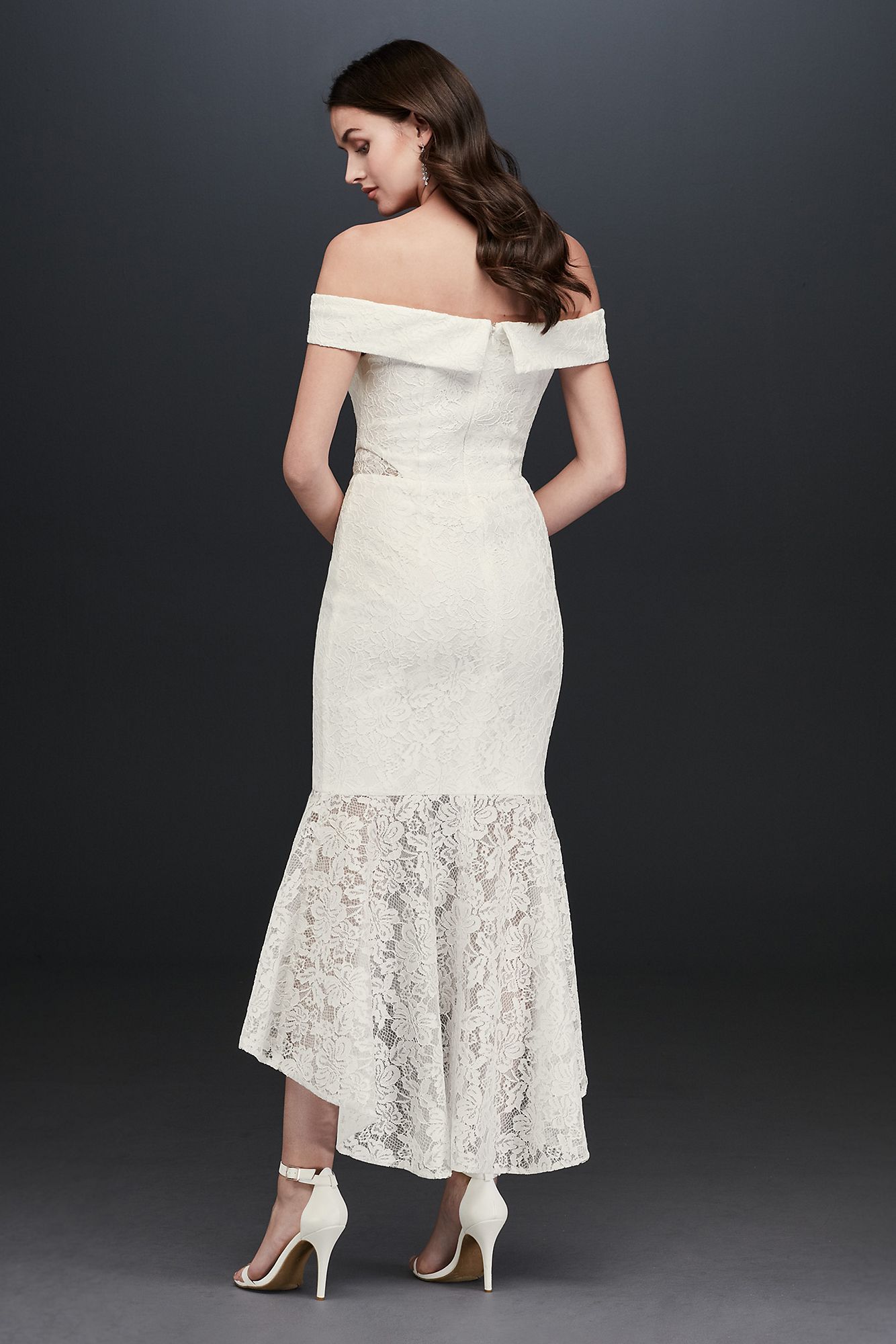 Sexy Off-the-Shoulder High Low Bridal Lace Gown Style 1450X