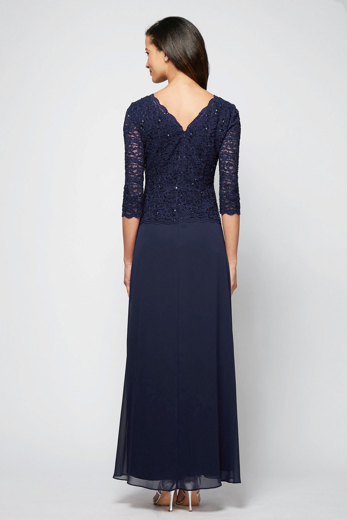Sequin Lace 3/4 Sleeves Long Boatneck Petite Gown with V-Back 212318