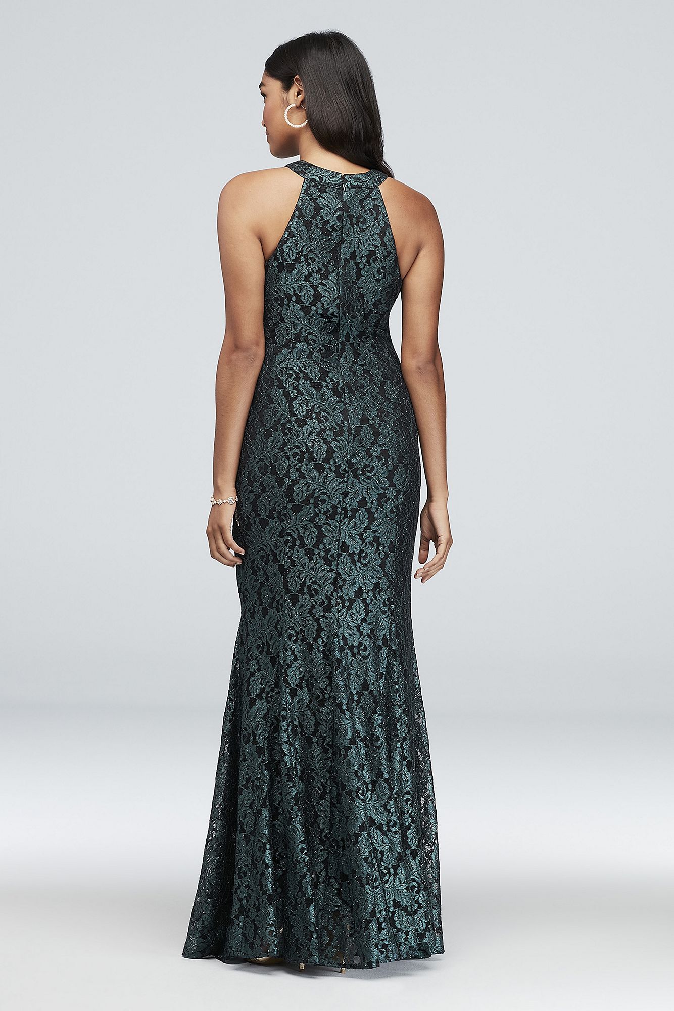 Long Fit and Flare 21689 Style High-Neck Halter Mermaid Lace Gown
