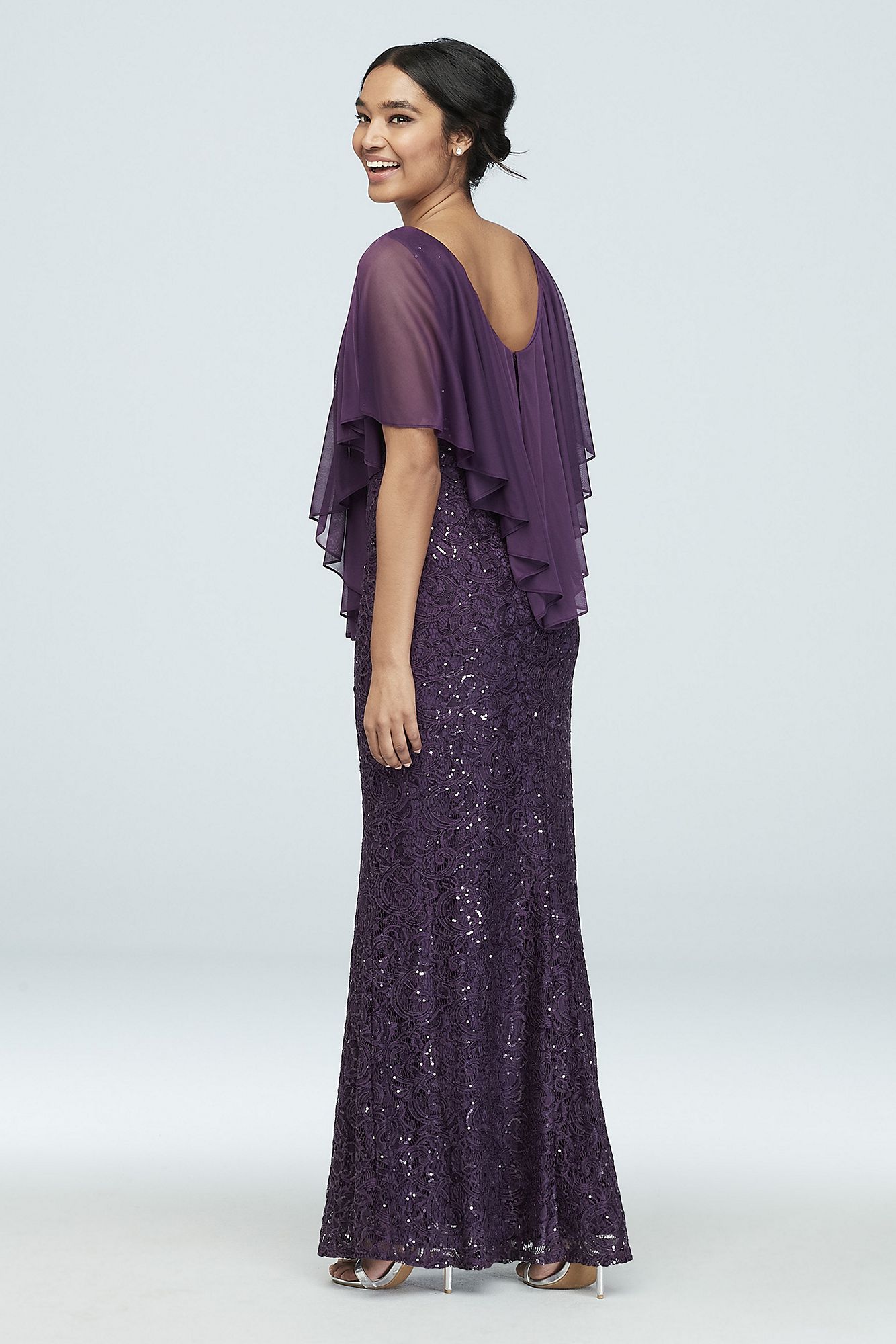 Sequin Lace Gown with Cold Shoulder Capelet 263842D