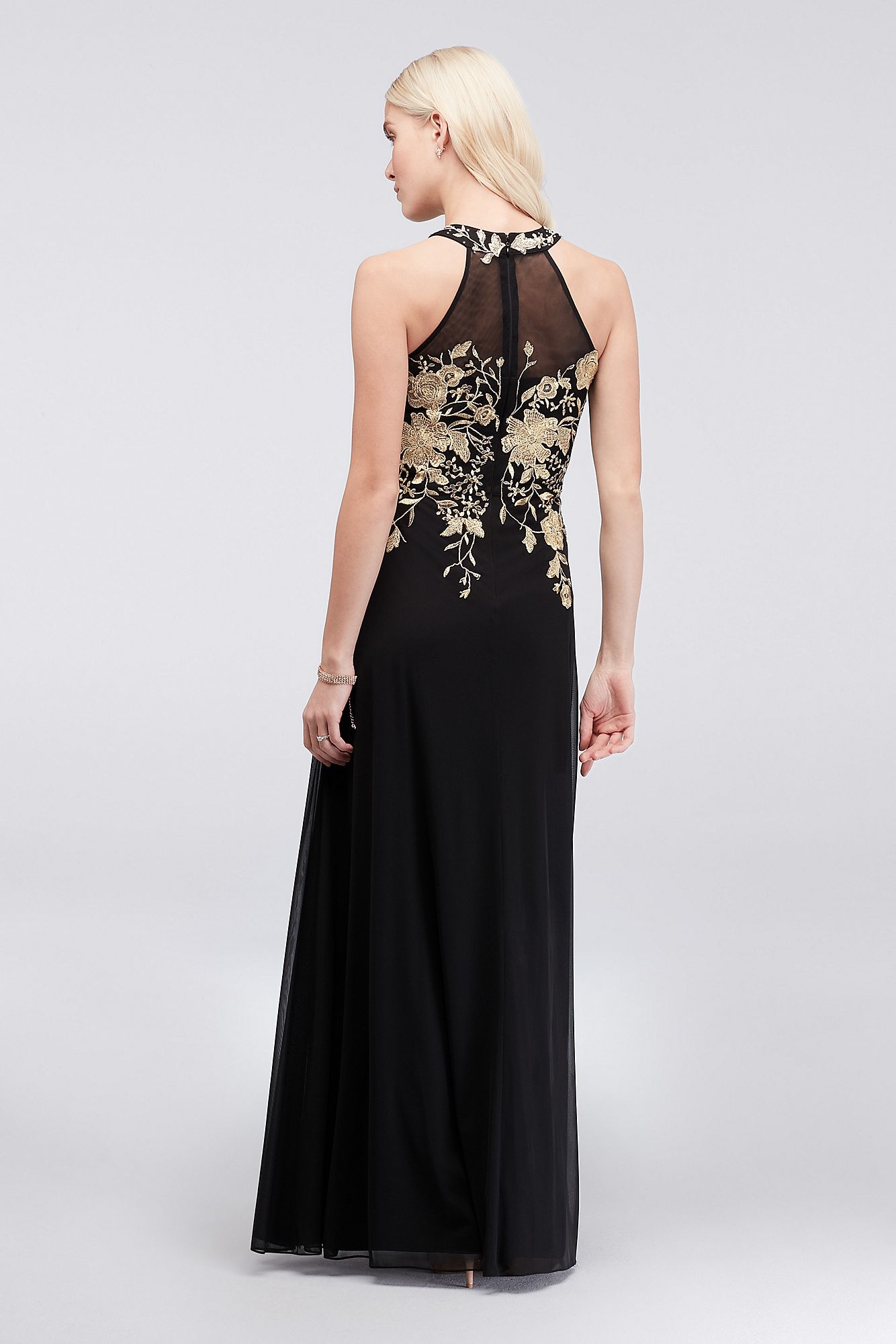 Long Metallic Lace Embroidered 59562D Style Jersey Chiffon Halter Dress