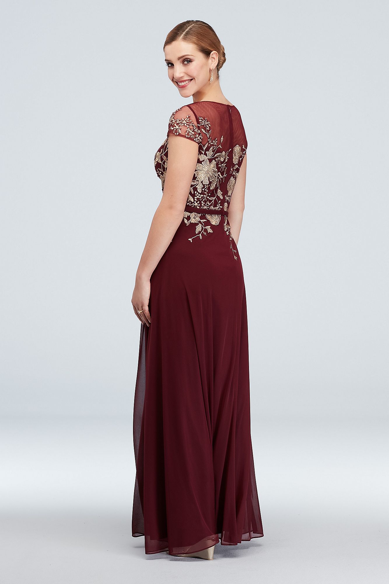 Metallic Floral Illusion Cap Sleeve Gown and Shawl 60314D
