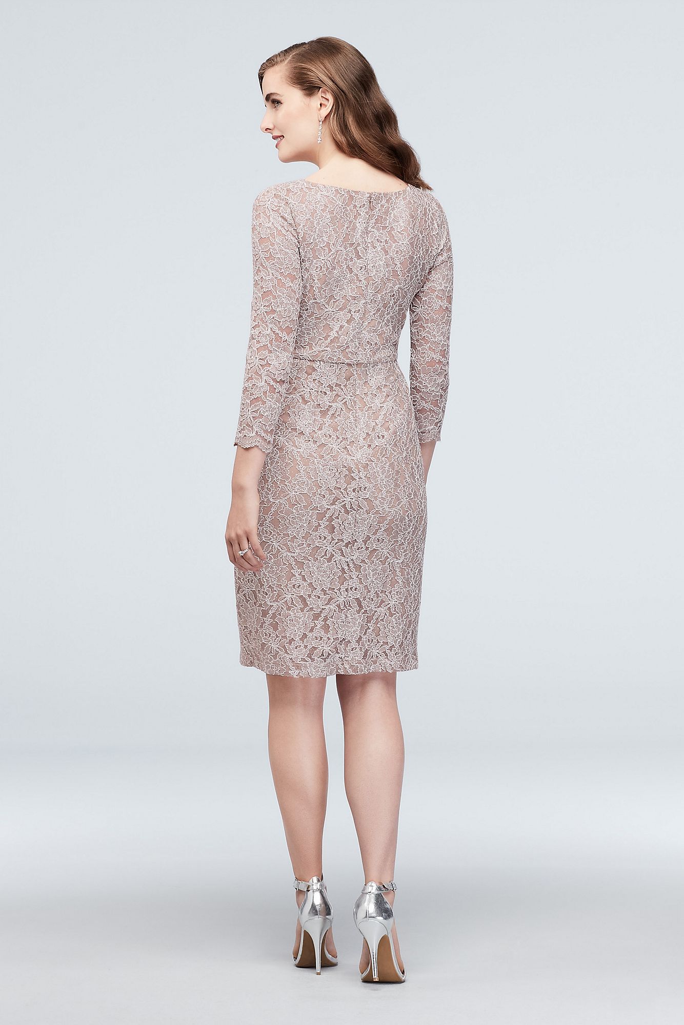 Glitter Lace 3/4-Sleeve Cocktail Dress with Belt 60427D