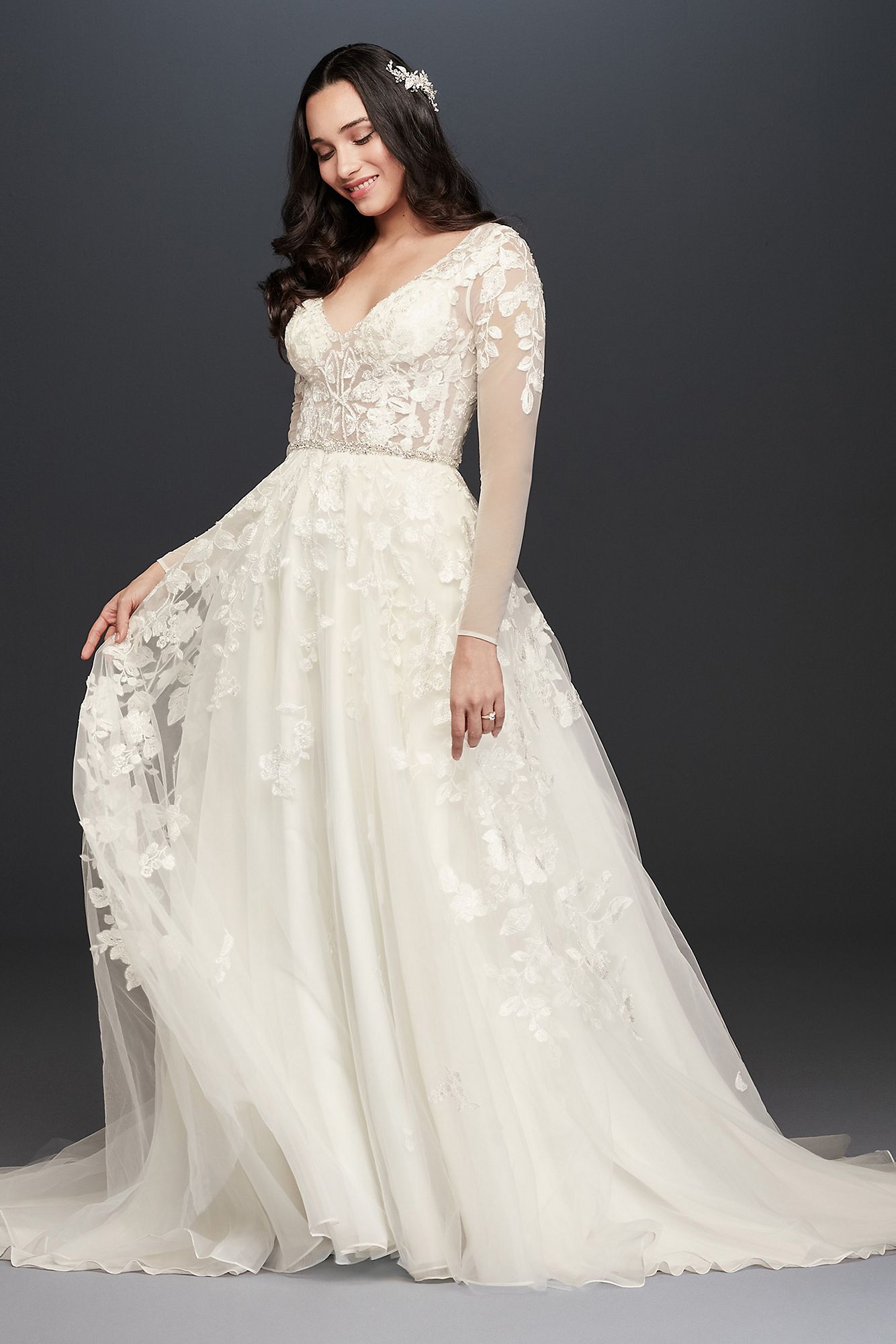 Petite Long Illusion Sleeve Plunging Neck 7SWG820 Style Wedding Dress