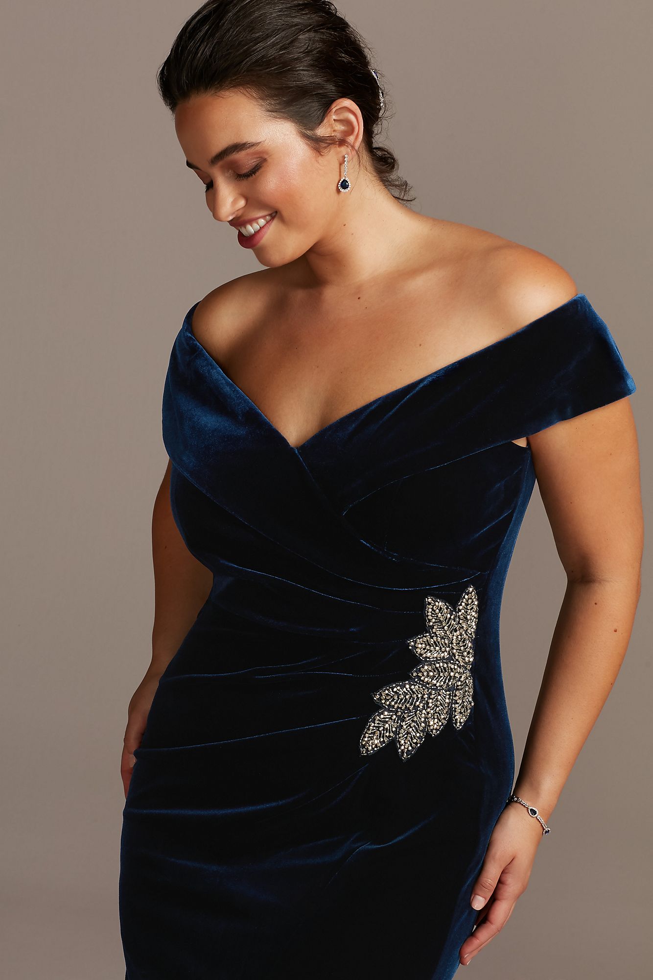 Plus Size Beaded Off-the-Shoulder Velvet 84917701 Style Gown