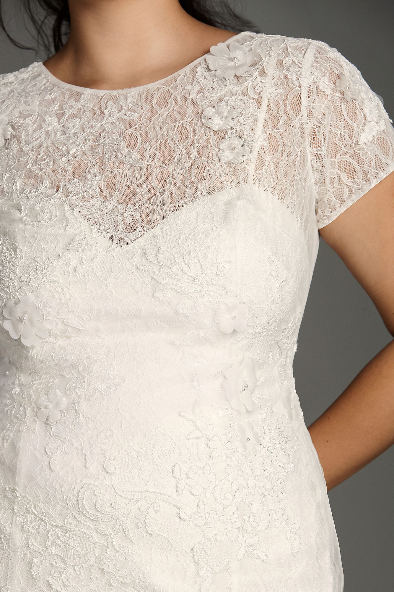 Plus Size White Short Sleeves Long Mermaid Lace Bridal Dress Style 8VW351312