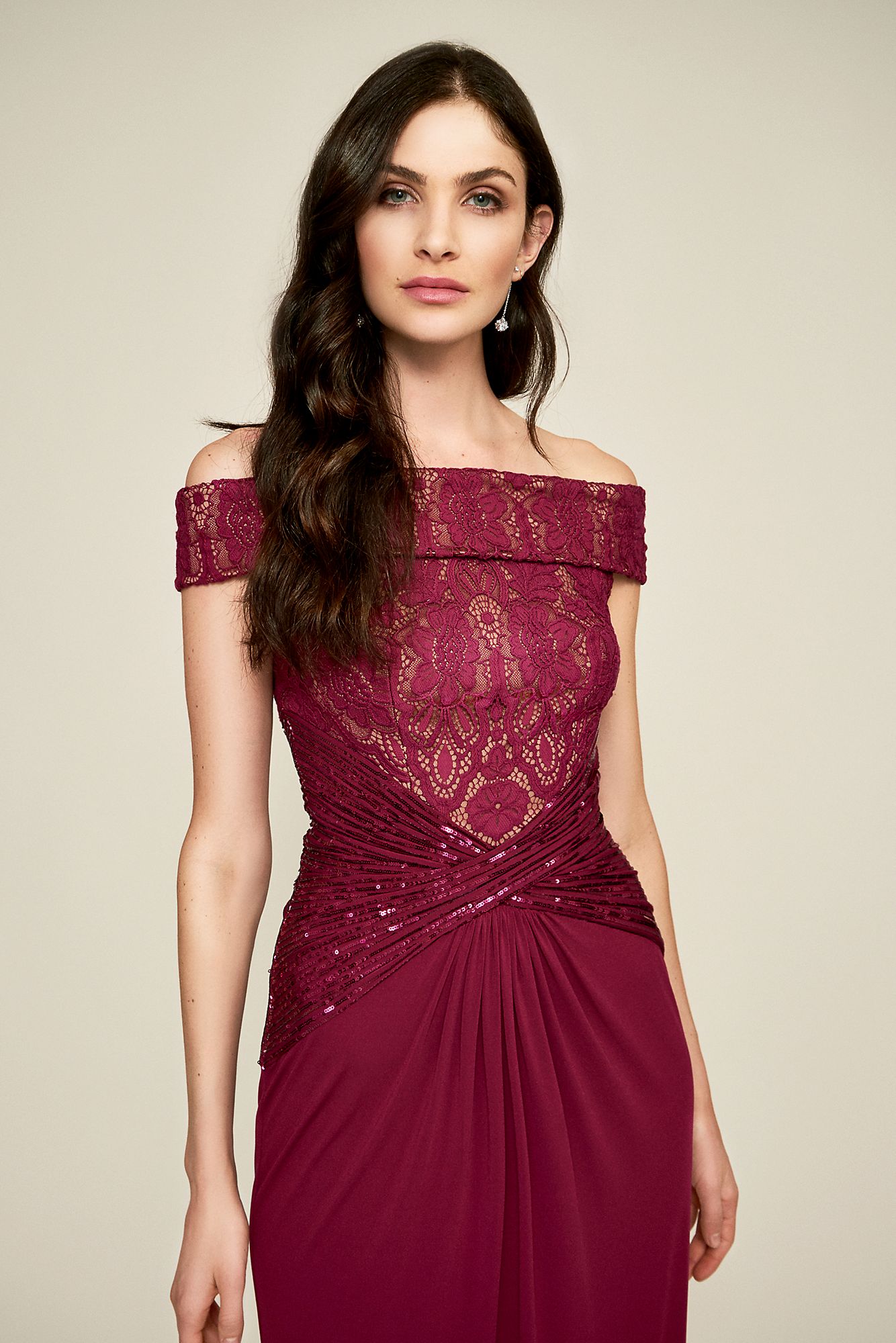 Long Off the Shoulder BGK18703L Style Lace and Jersey Occasion Dress by Tadashi Shoji