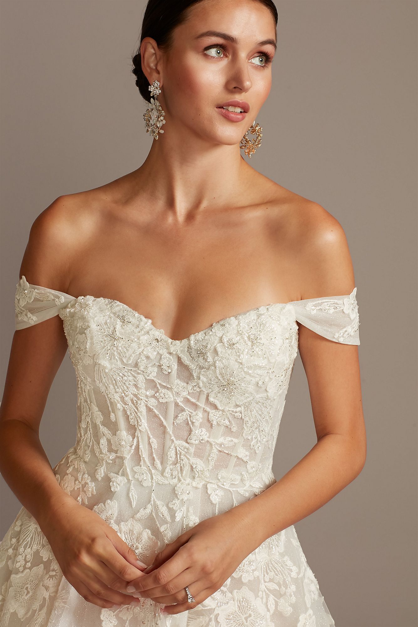 Off the Shoulder Floral Lace Appliqued Tulle Bridal Gown with Removable Sleeves SWG834