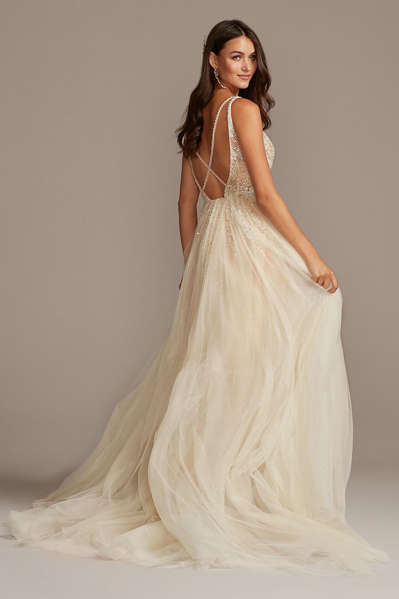 Plunging-V Illusion Beaded Bodice A-line Long Wedding Dress SWG837
