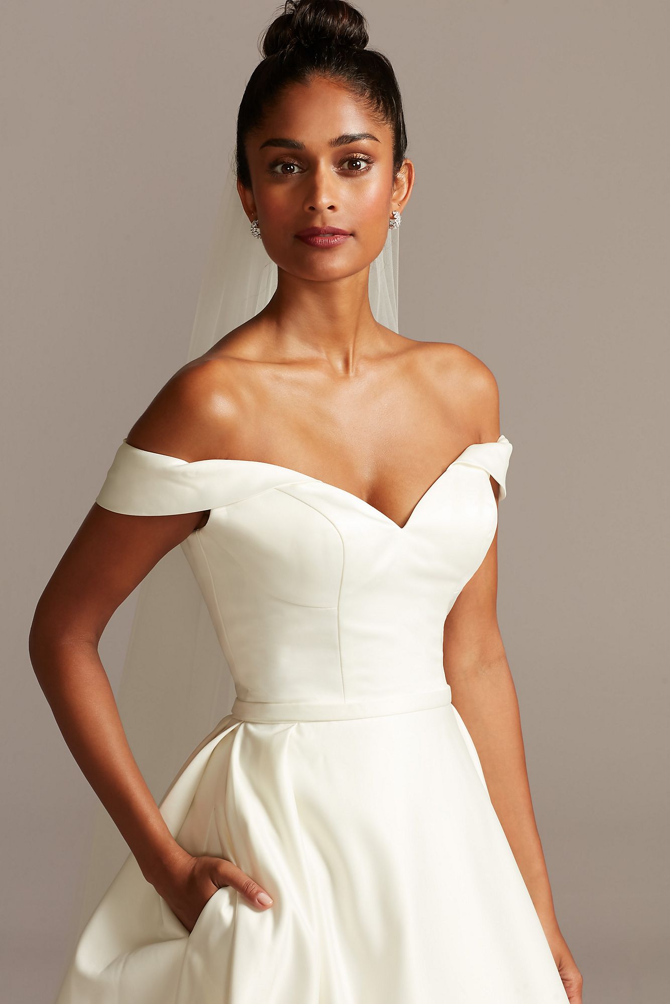 Elegant Off the Shoulder A-line Long Satin Bridal Dress Style WG3979 with Pockets