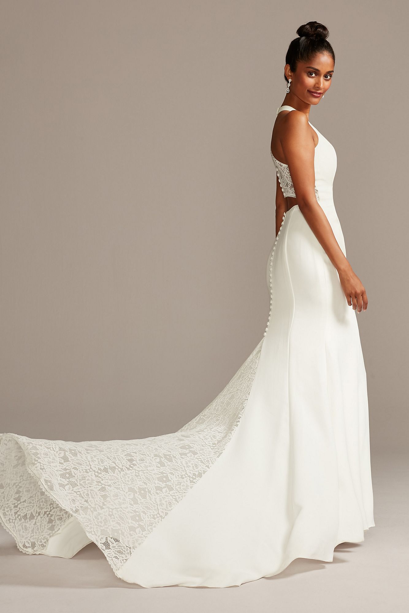 Sheer Back Crepe Wedding Dress with Lace Train WG3989