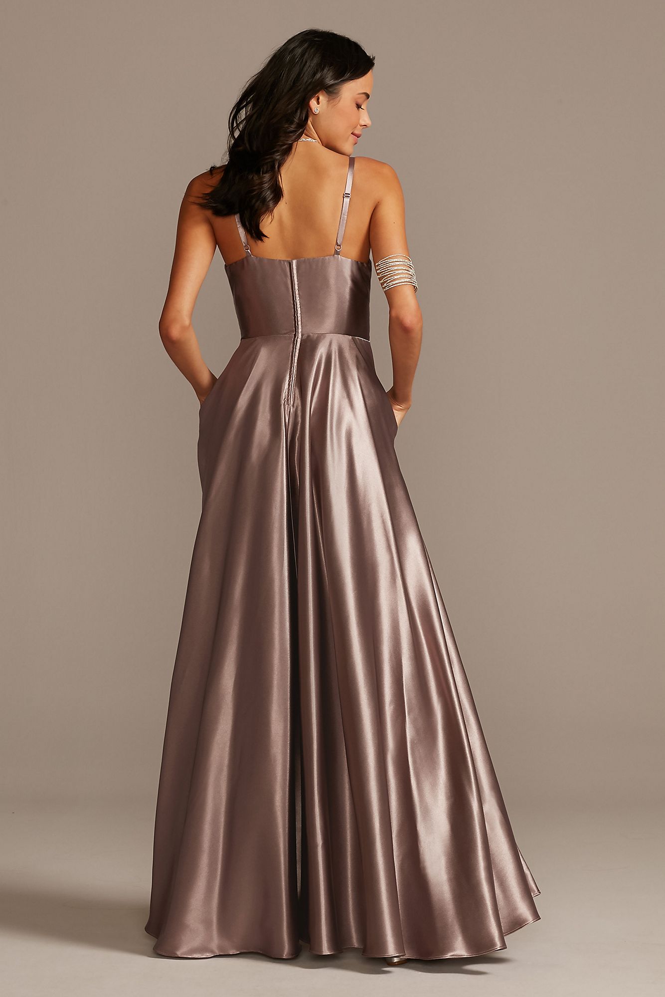 Plunging Shiny Satin Side Poeckets Gown with Illusion and Slit X43391DQ96