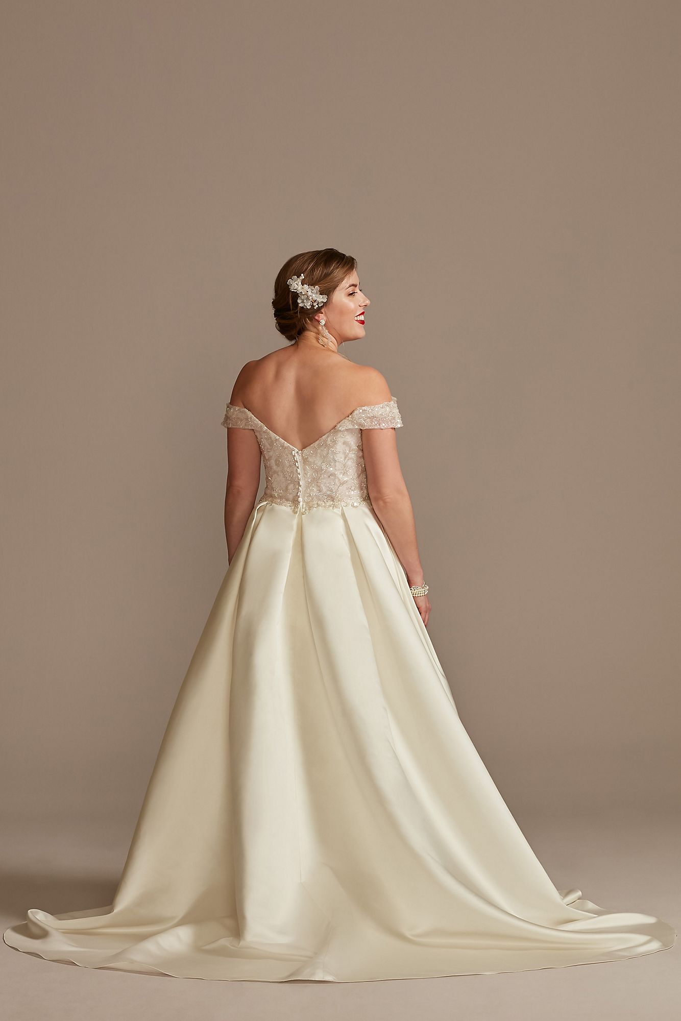 Off the Shoulder Beaded Bodice Tall Wedding Dress Oleg Cassini 4XLLBCWG890