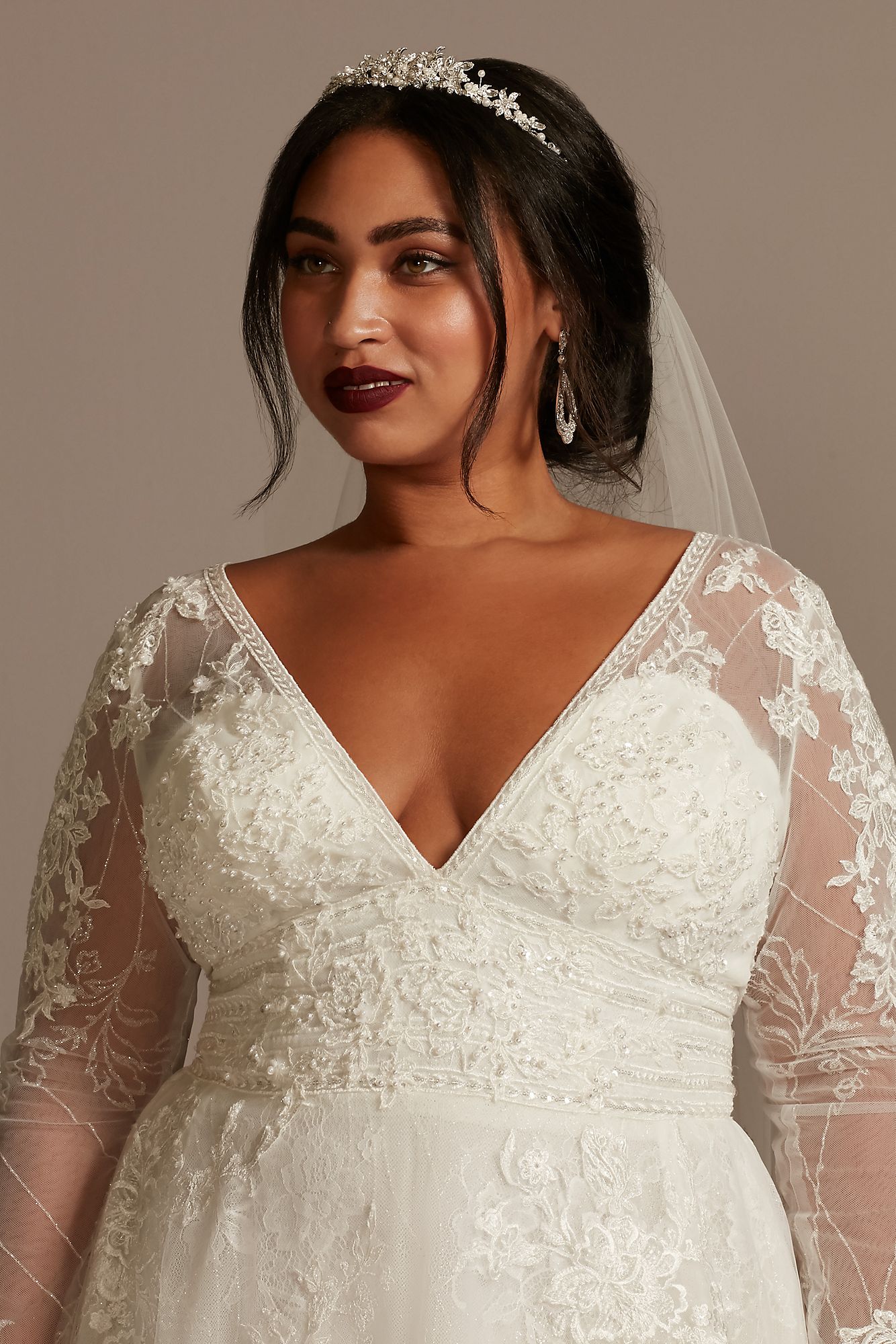 Lace Long Sleeve Open Back Plus Size Wedding Dress Oleg Cassini 8CWG893