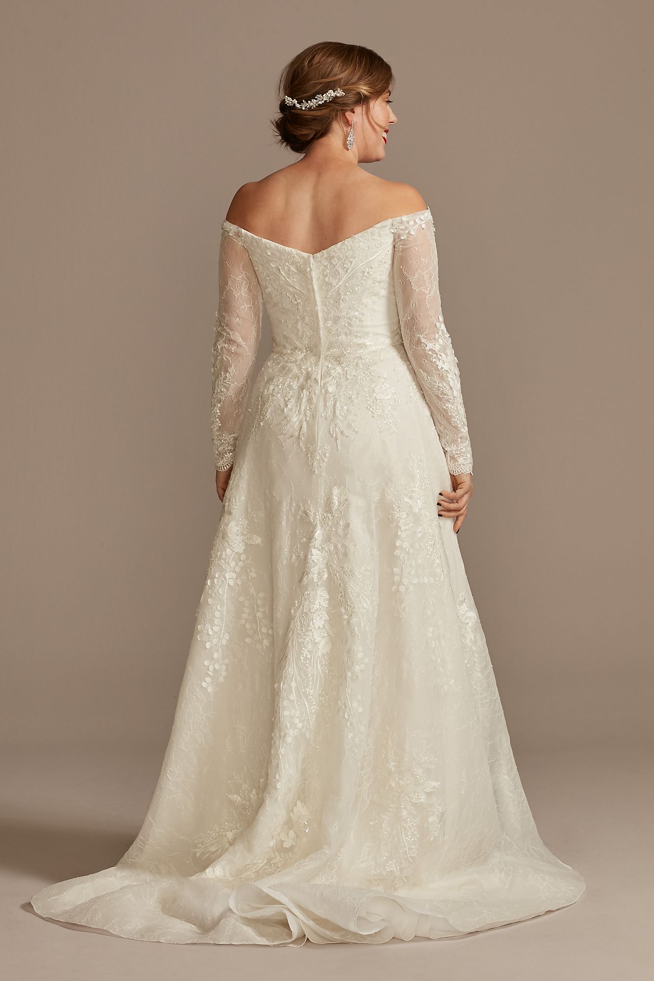 Leafy Applique Lace Off the Shoulder Wedding Dress Oleg Cassini CWG891