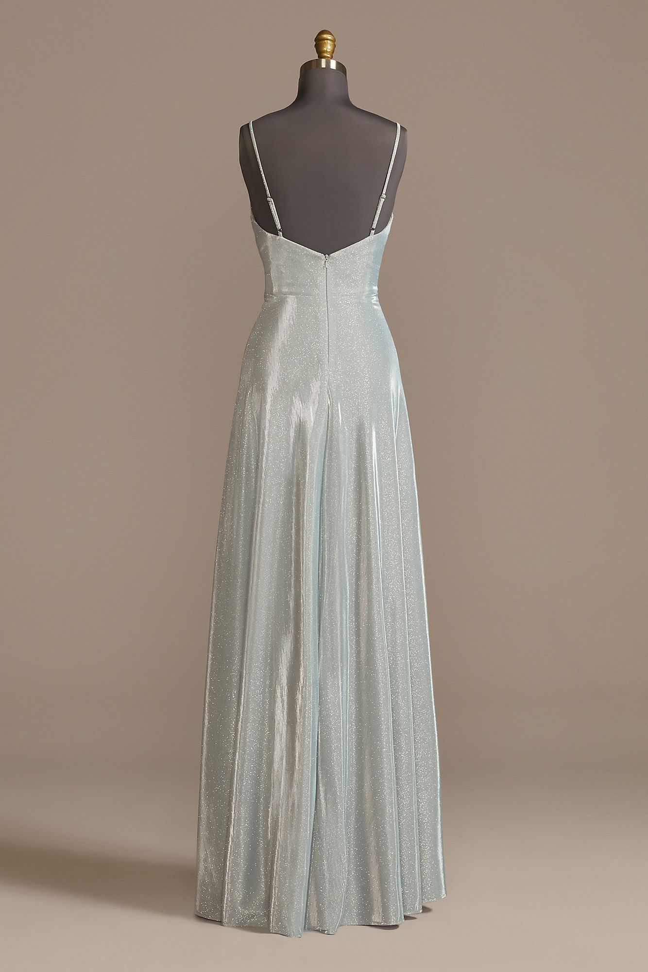 Spaghetti Strap Glitter Shine Gown with Slit David's Bridal D24NY013
