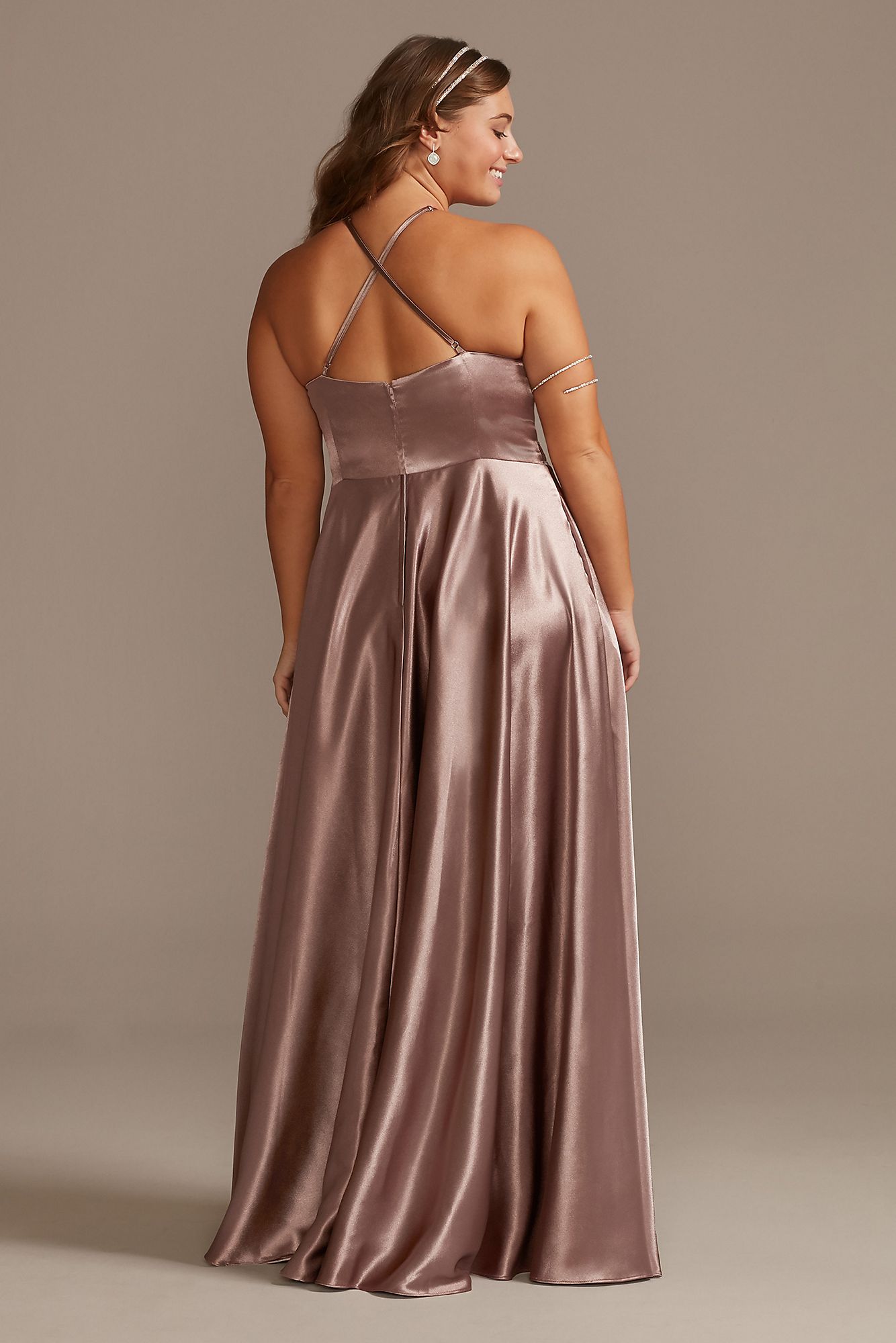 Satin High Neck Illusion Waist Plus A-Line Dress David's Bridal WBM2452V2W