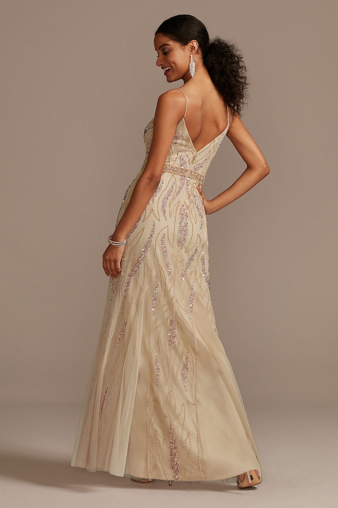 Beaded Overlay V-Neck Gown with Spaghetti Straps Jump 11655