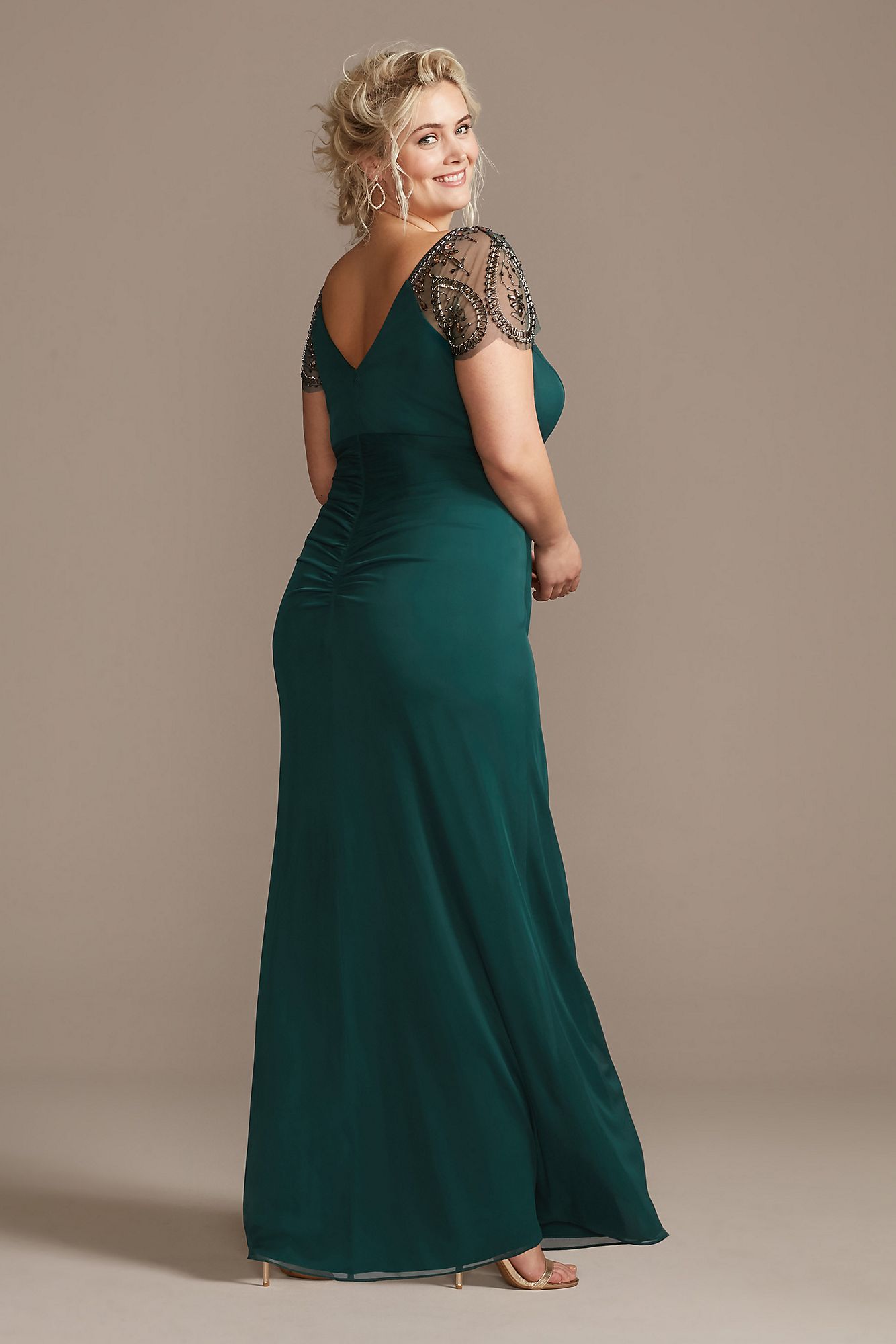 Embellished Cap Sleeve Ruched Plus Size Gown 2523XW