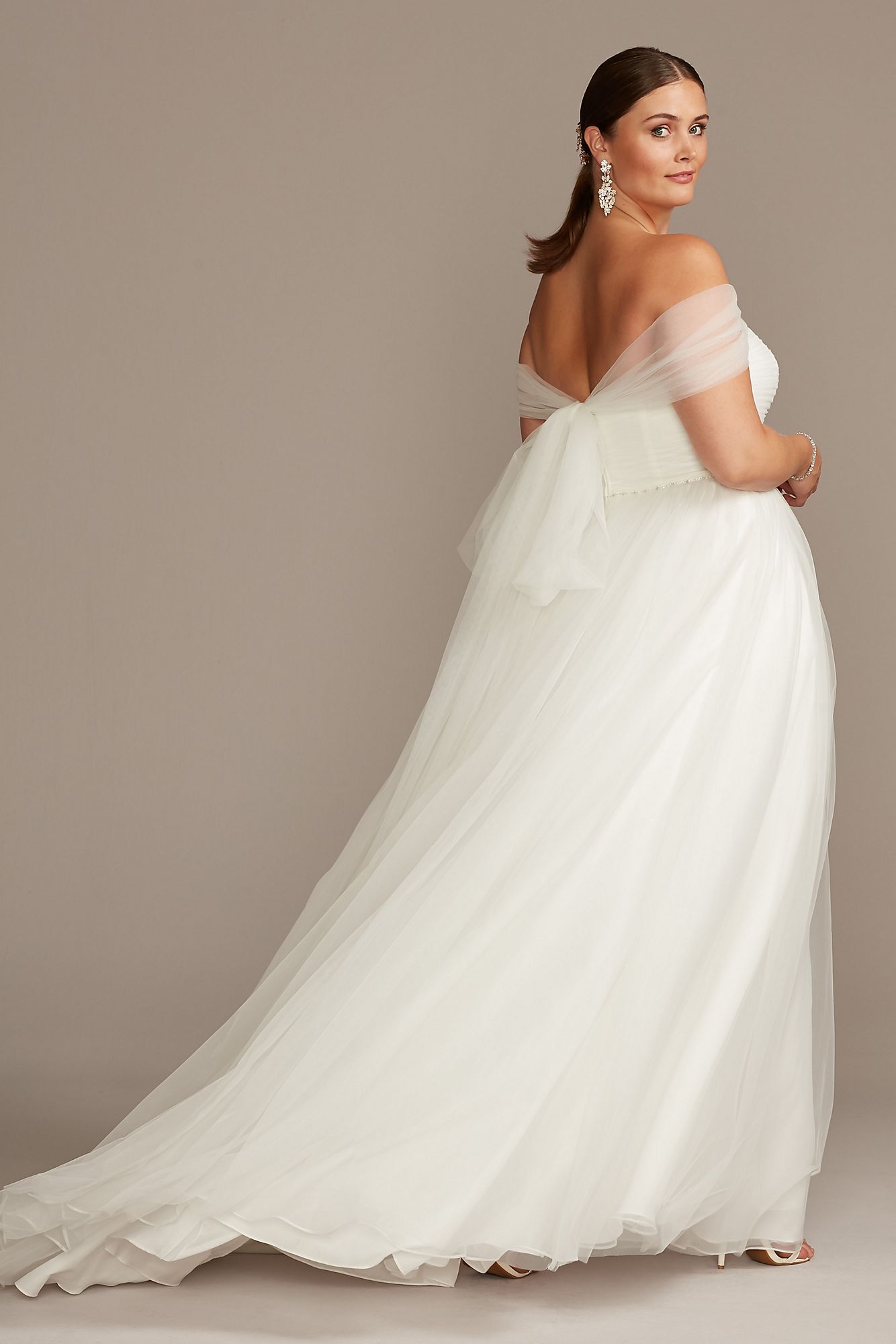 Off Shoulder Pleated Tulle Plus Size Wedding Dress 9WG3976