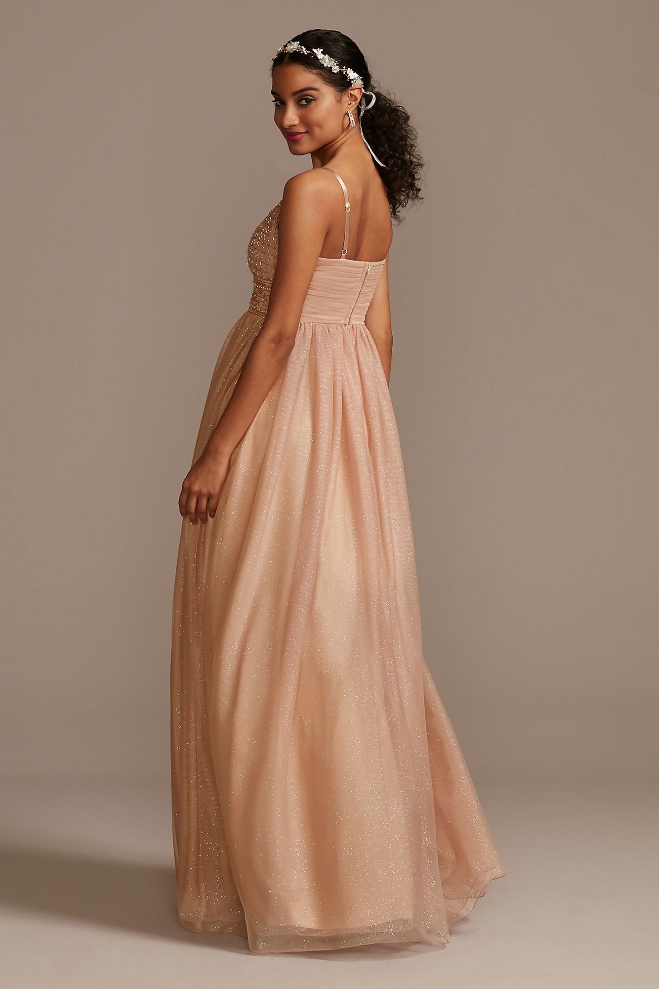 Glitter Tulle V-Neck Maxi Dress with Beaded X43796TCY