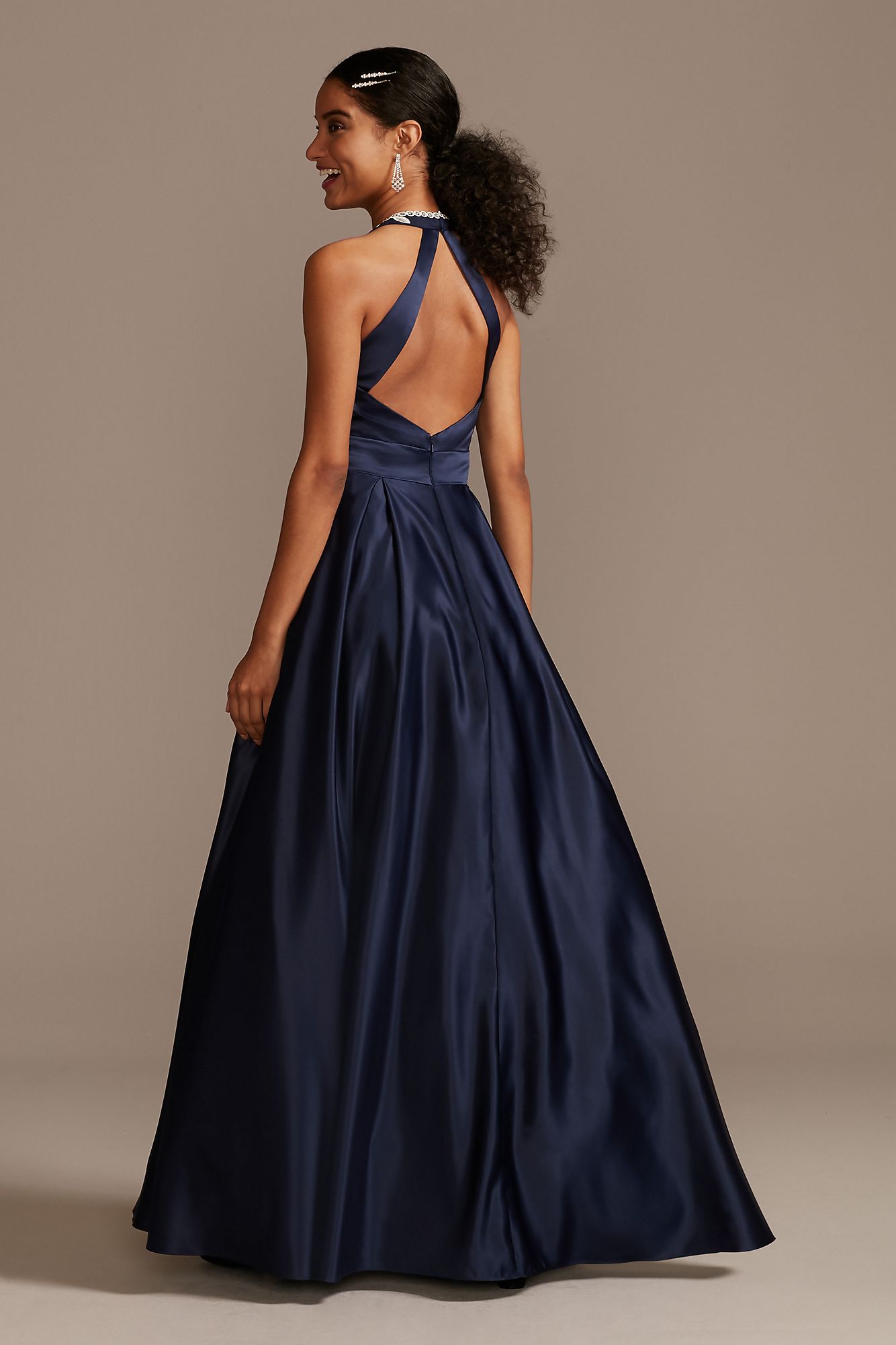 Embellished Bodice Satin Gown with Open Back  1168BN