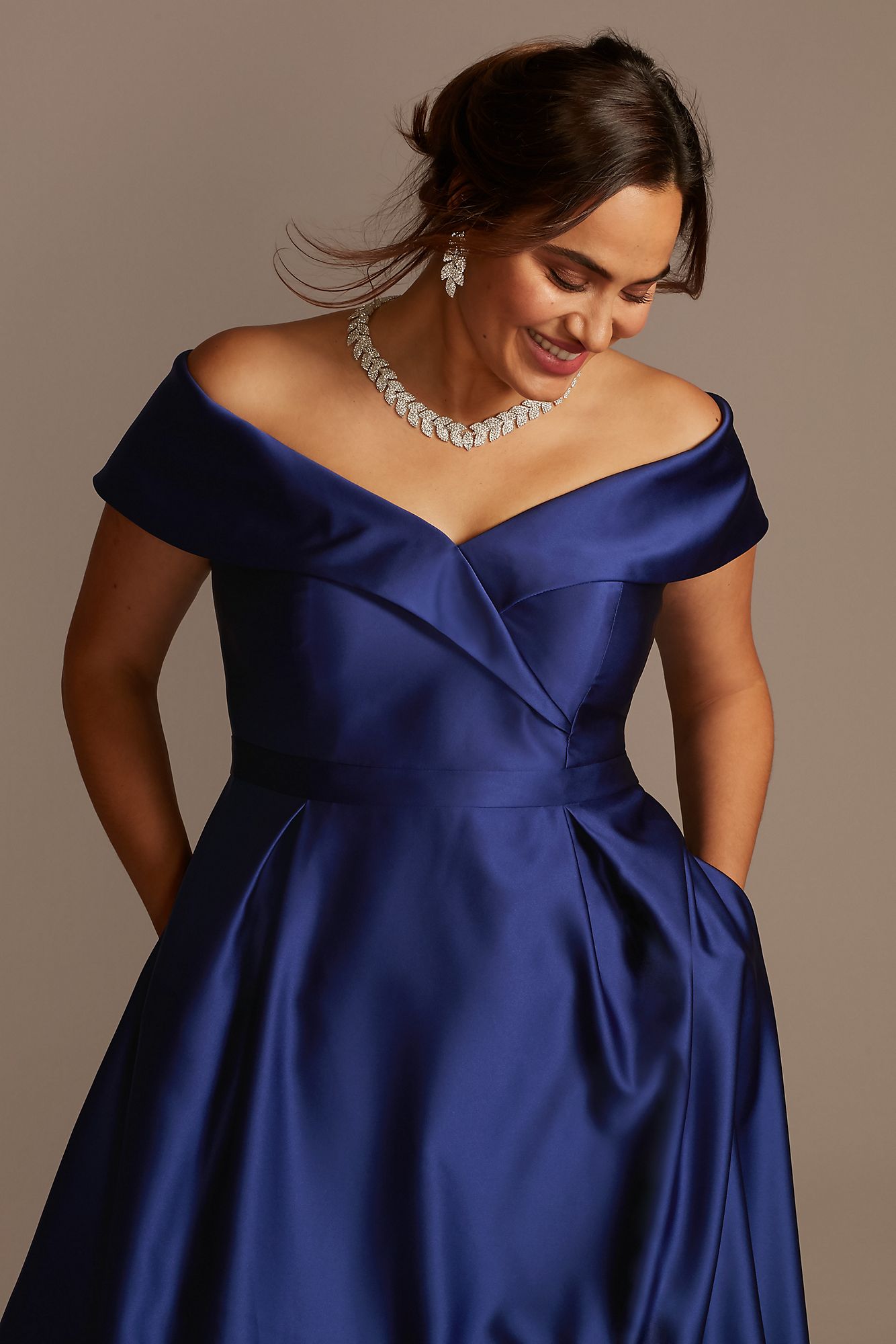 Satin Plus Size Ball Gown with Portrait Collar  3476XW