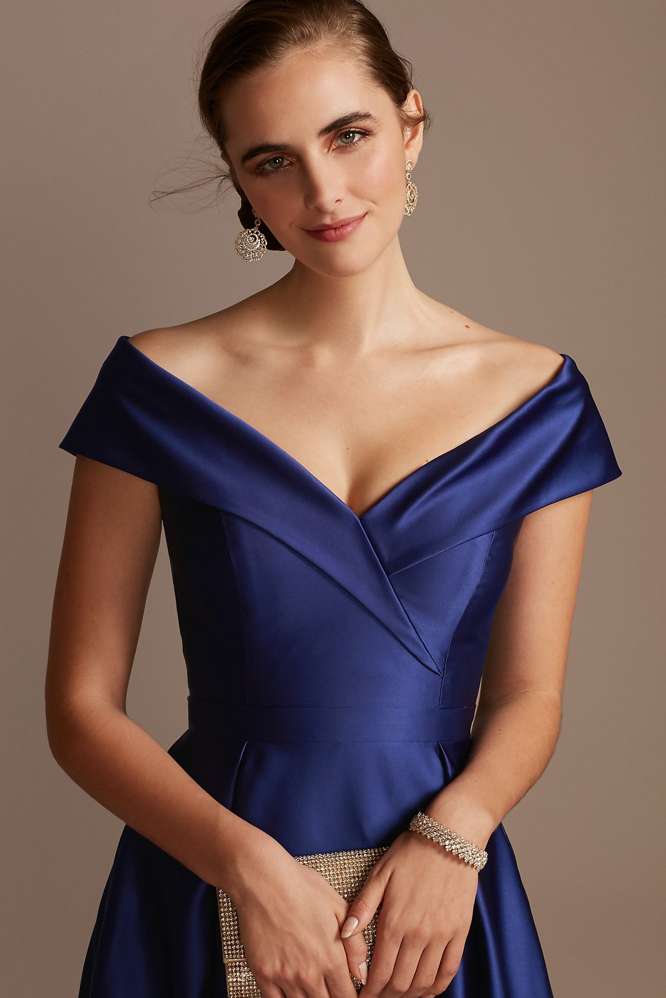 Satin Off the Shoulder Gown with Portrait Collar  3476X