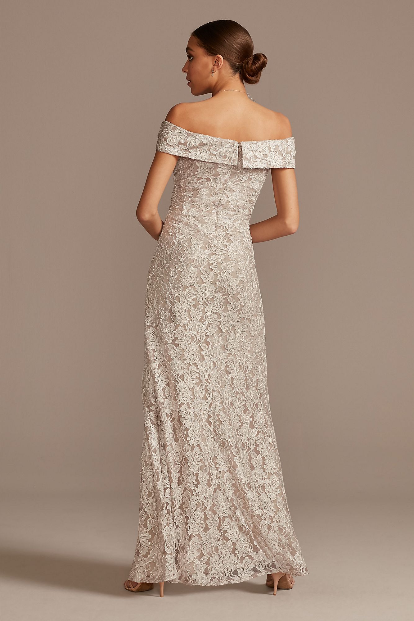 Off the Shoulder Lace Gown with Embellished Detail  81122267