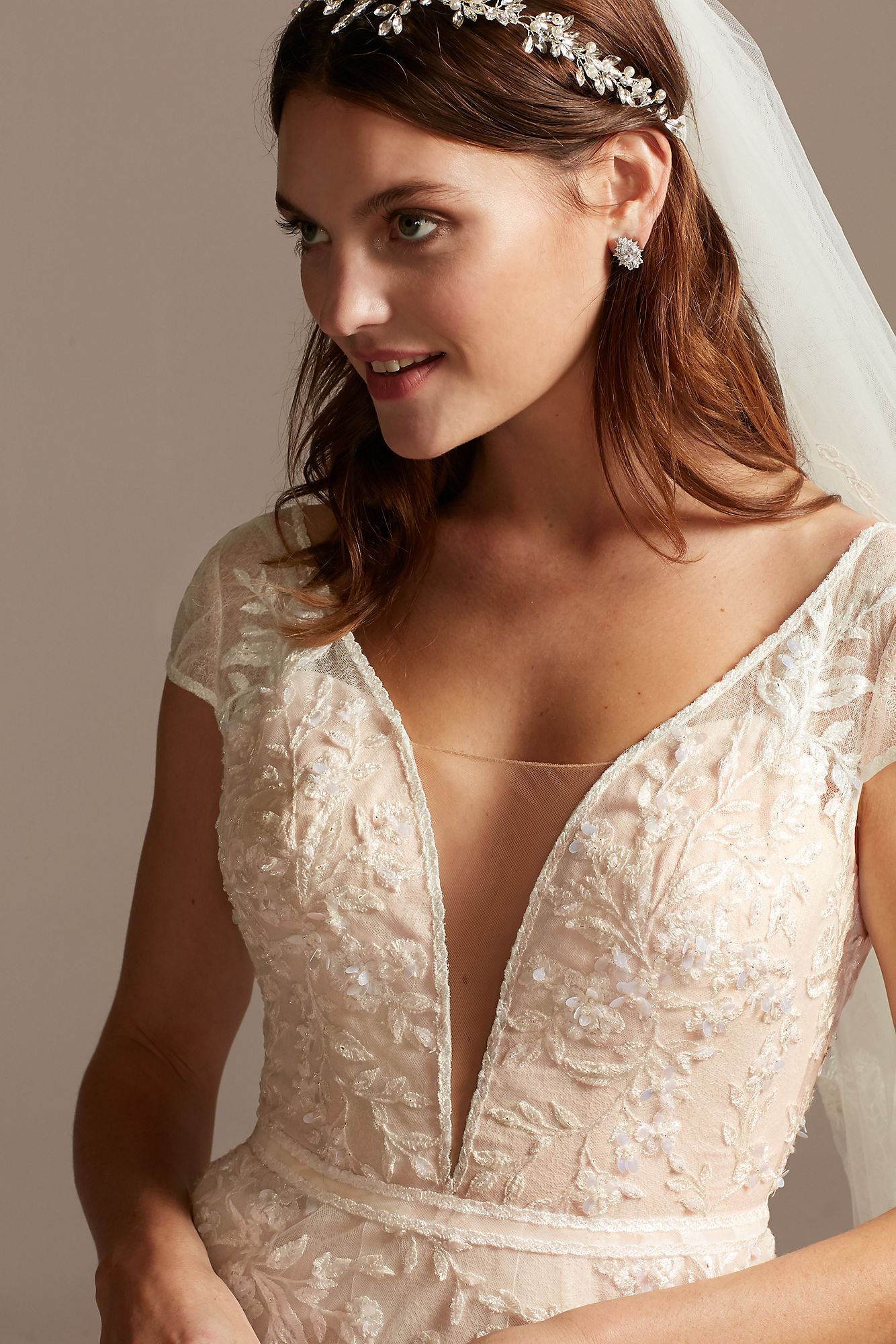 Floral Applique Tulle Cap Sleeve Wedding Dress  MS251218