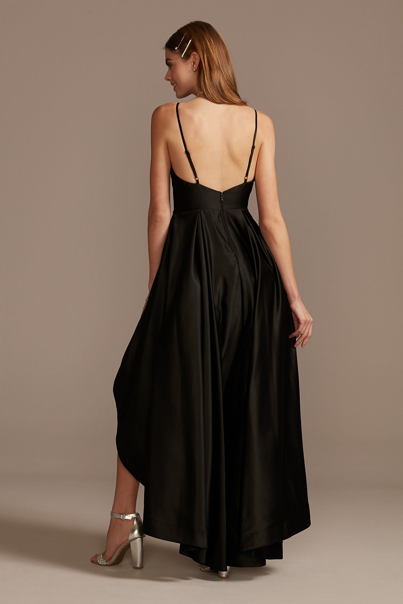 Satin High-Low Banded Dress with Spaghetti Straps  X44272QB4