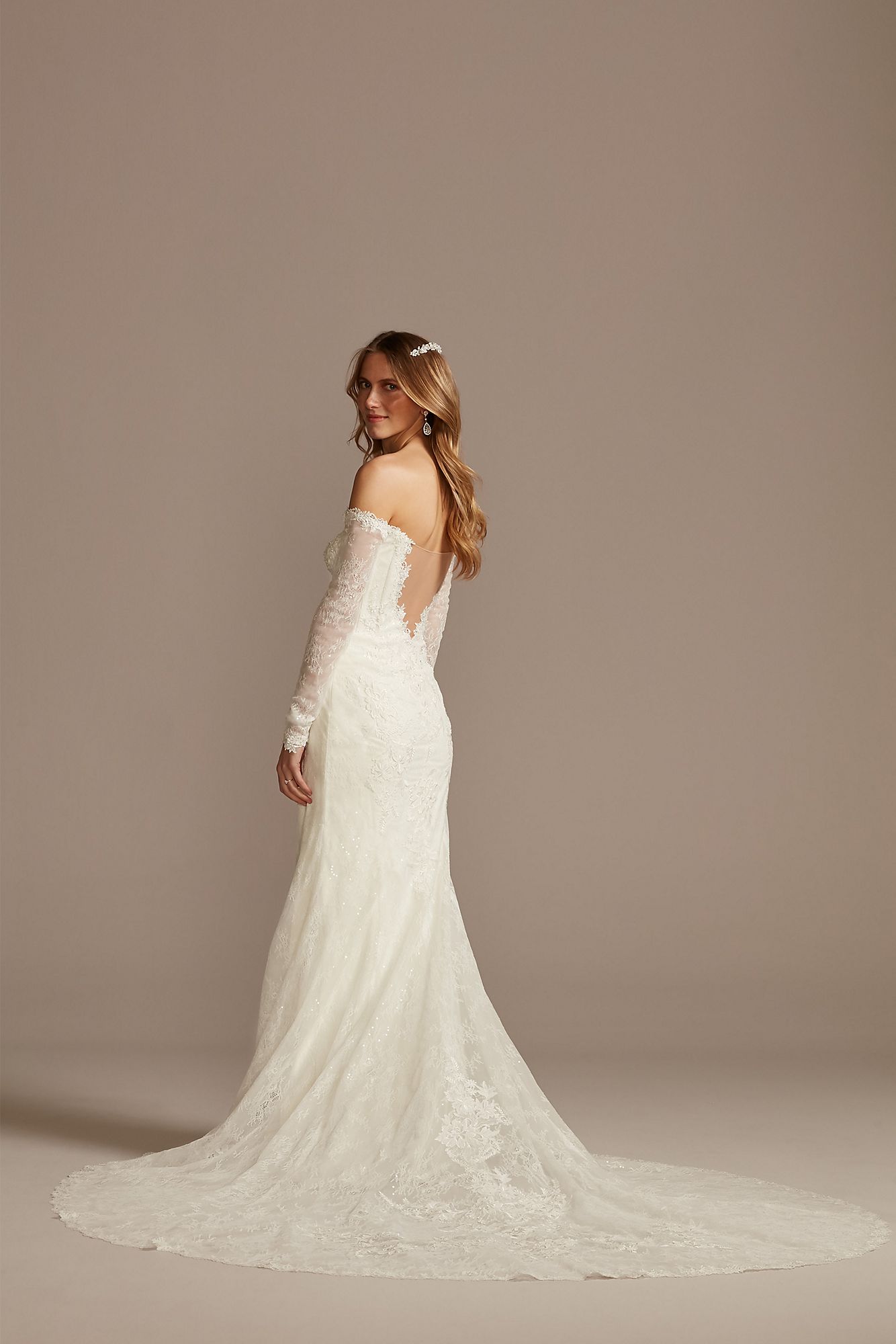 Off Shoulder Sequin Lace Tall Wedding Dress 4XLSWG874