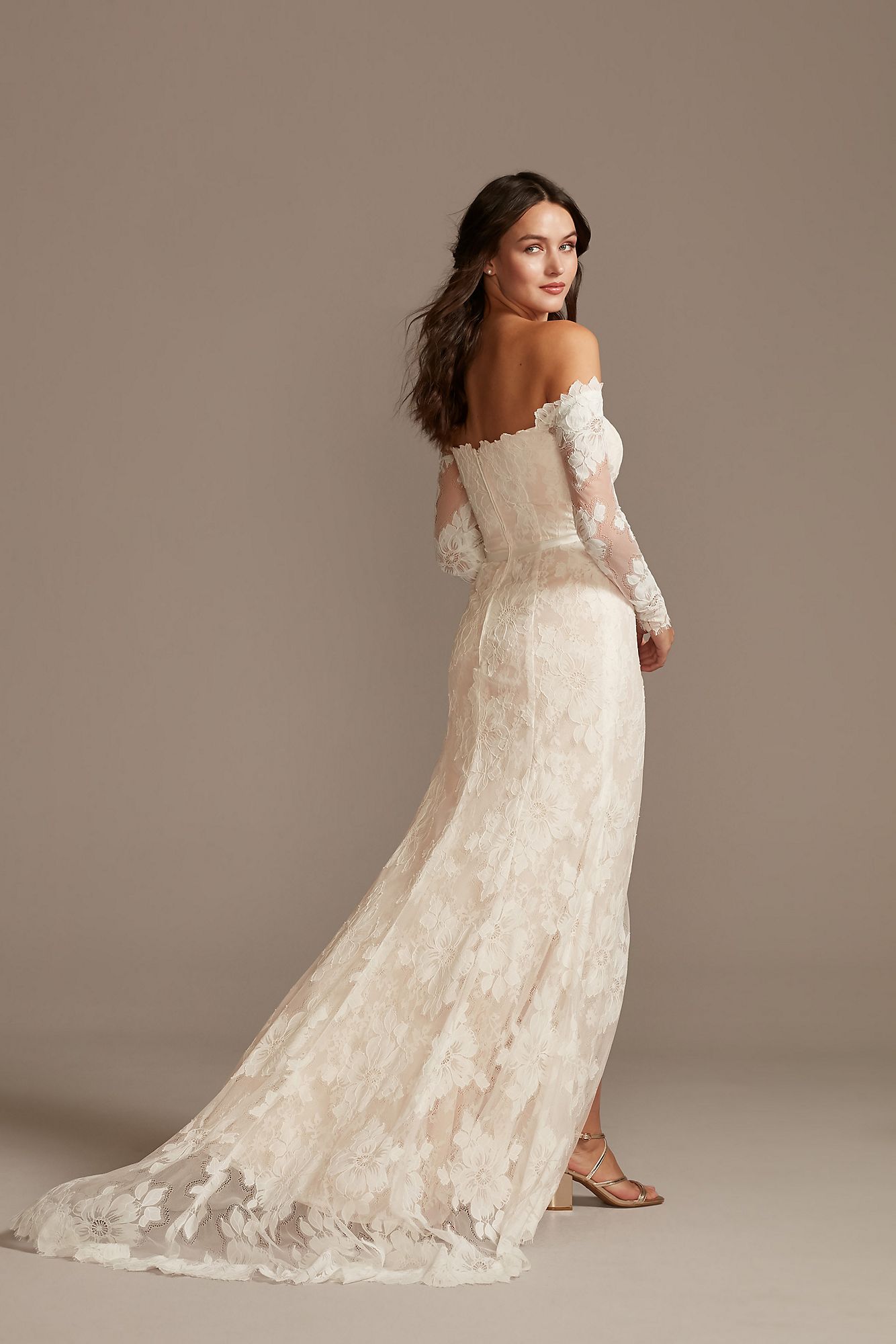 Large Floral Lace Long Sleeve Petite Wedding Dress 7MS161225