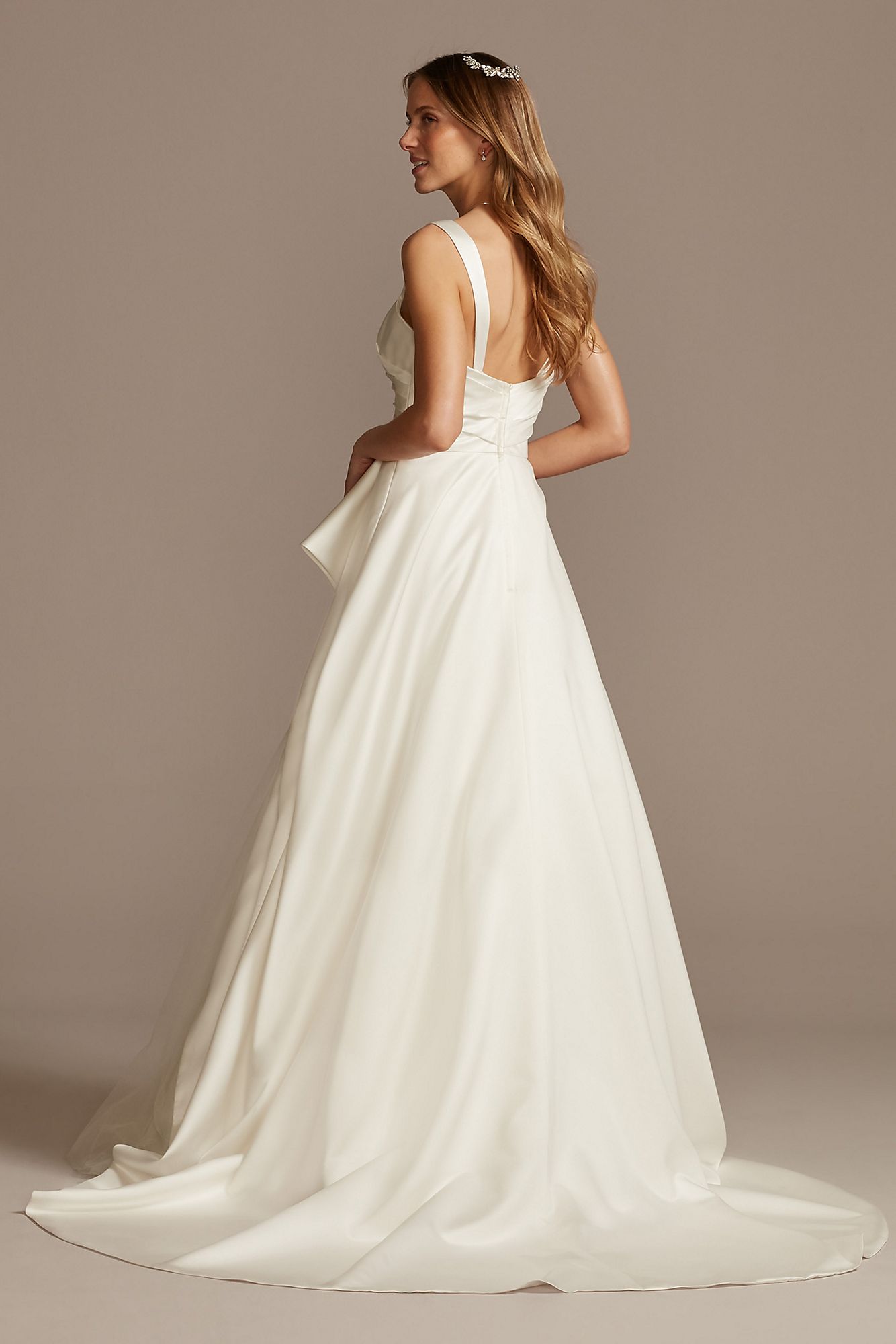 Pleated Satin Asymmetric Tulle Hem Wedding Dress WG4006