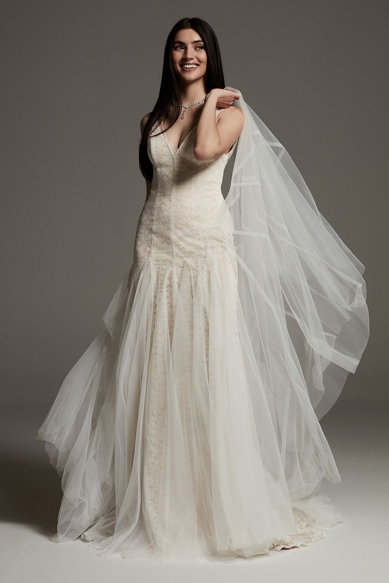 Plunging Tulle Godet Overdress Wedding Dress VW351563