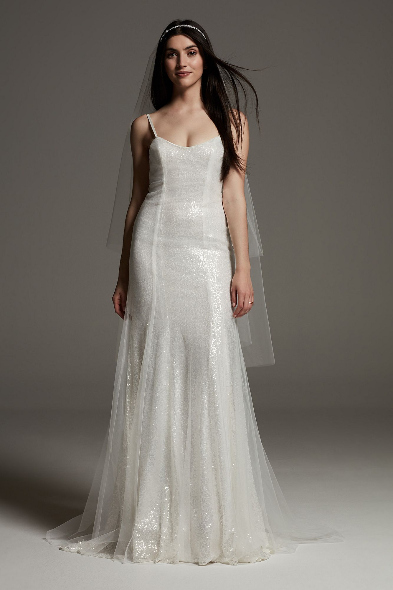 Veiled Tulle Sequin Slip Dress Wedding Dress  VW351644