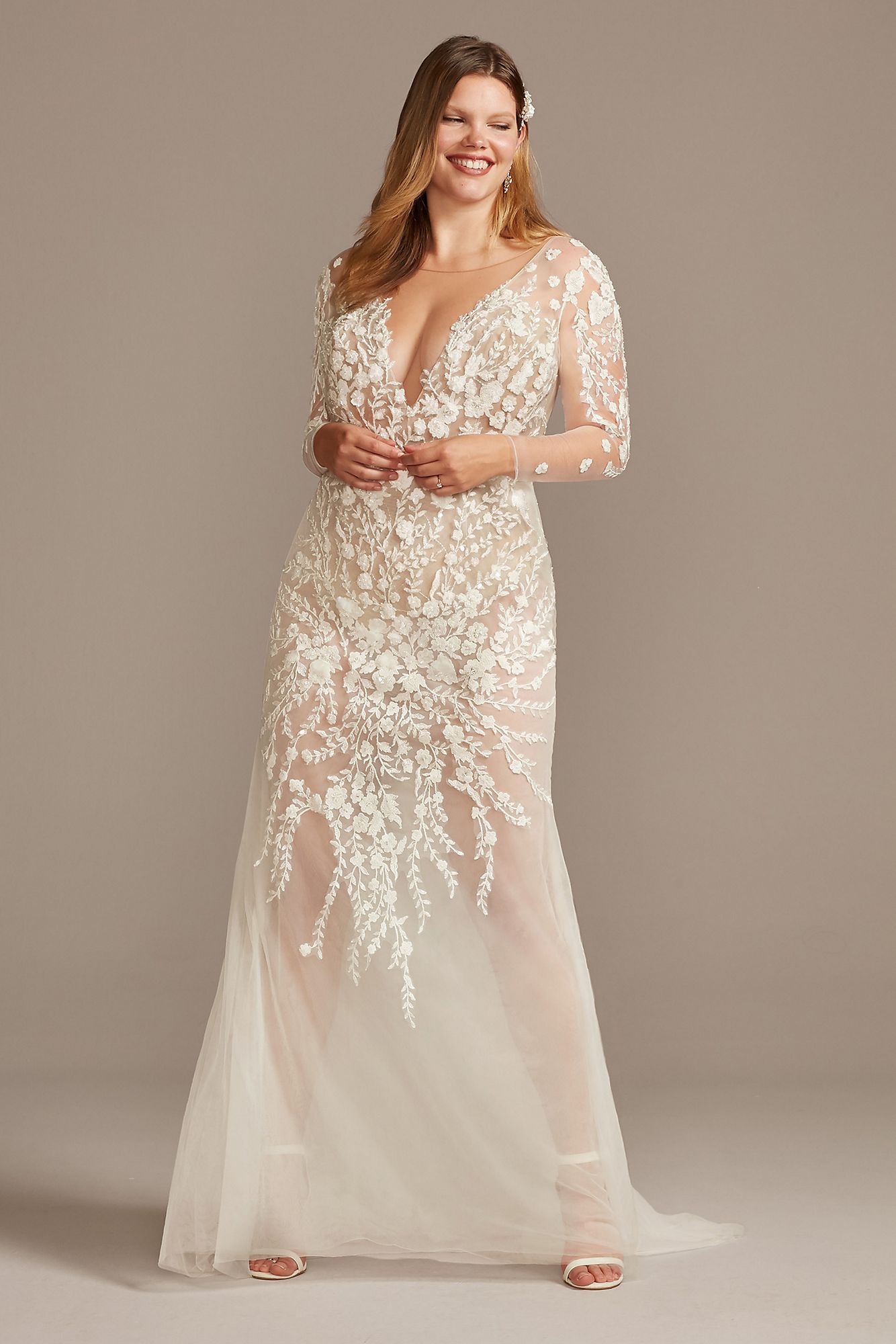 Floral Illusion Tall Plus Bodysuit Wedding Dress Galina Signature 4XL9SWG851