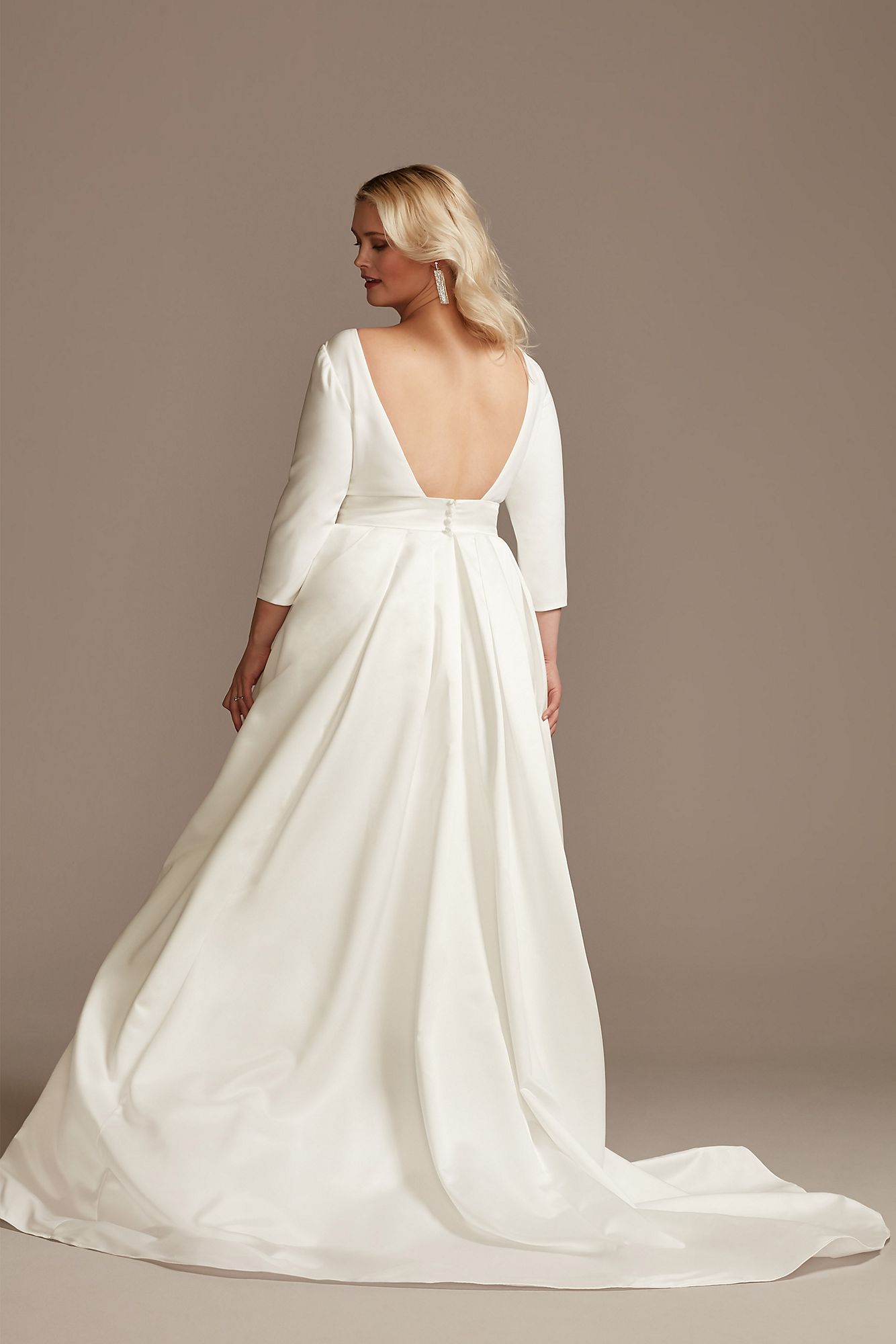 3/4 Sleeve Low Back Satin Plus Size Wedding Dress David's Bridal 9WG4005